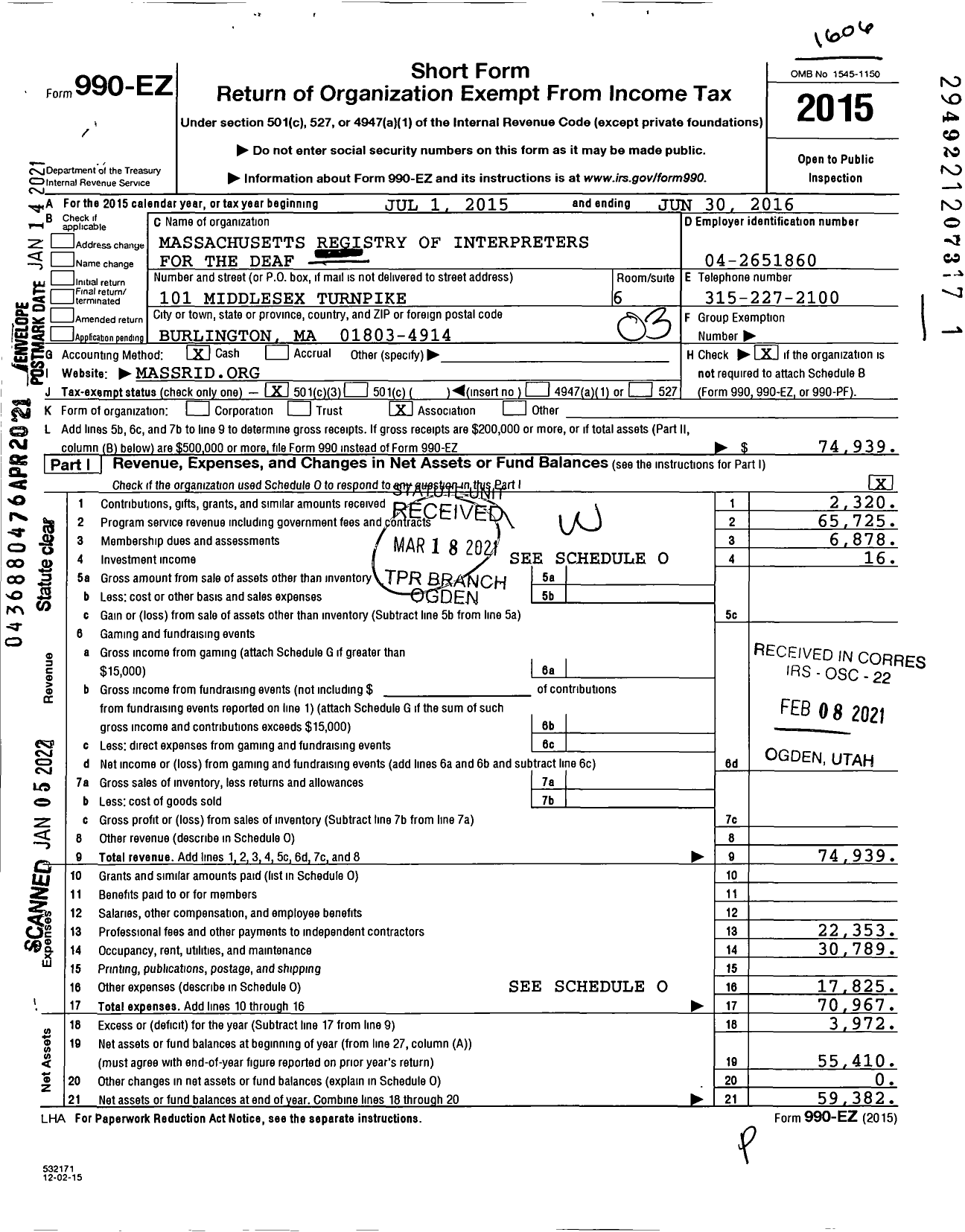 Image of first page of 2015 Form 990EZ for Massachusetts Registry of Interpreters for the Deaf