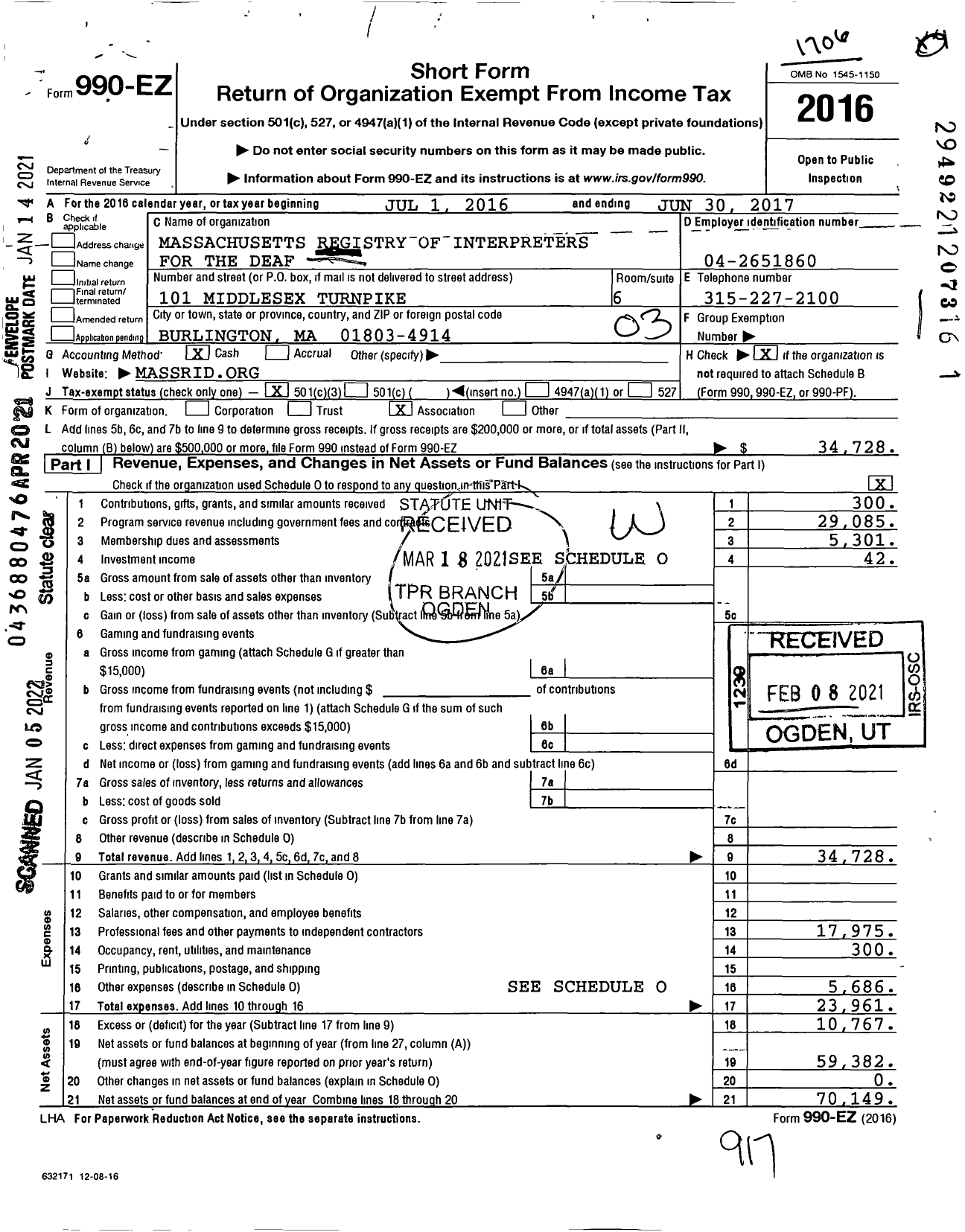 Image of first page of 2016 Form 990EZ for Massachusetts Registry of Interpreters for the Deaf