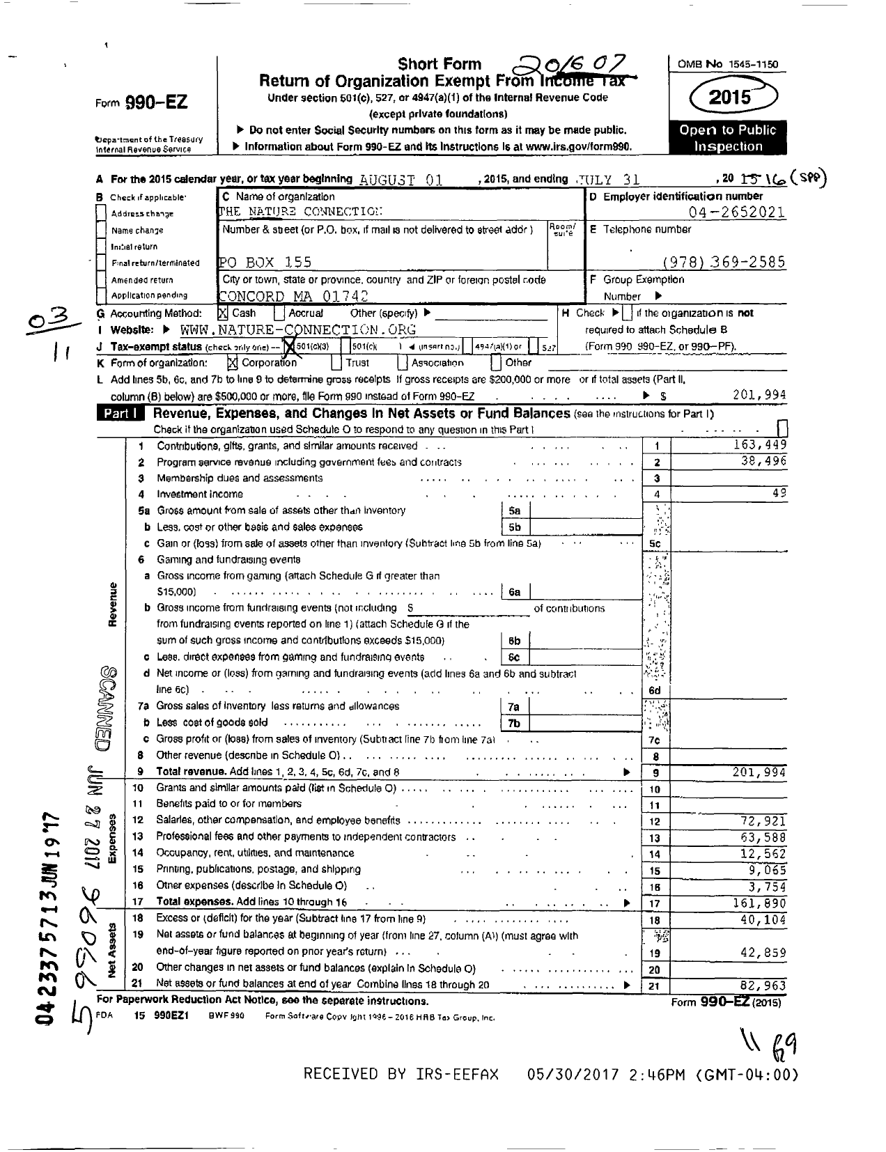 Image of first page of 2015 Form 990EZ for The Nature Connection