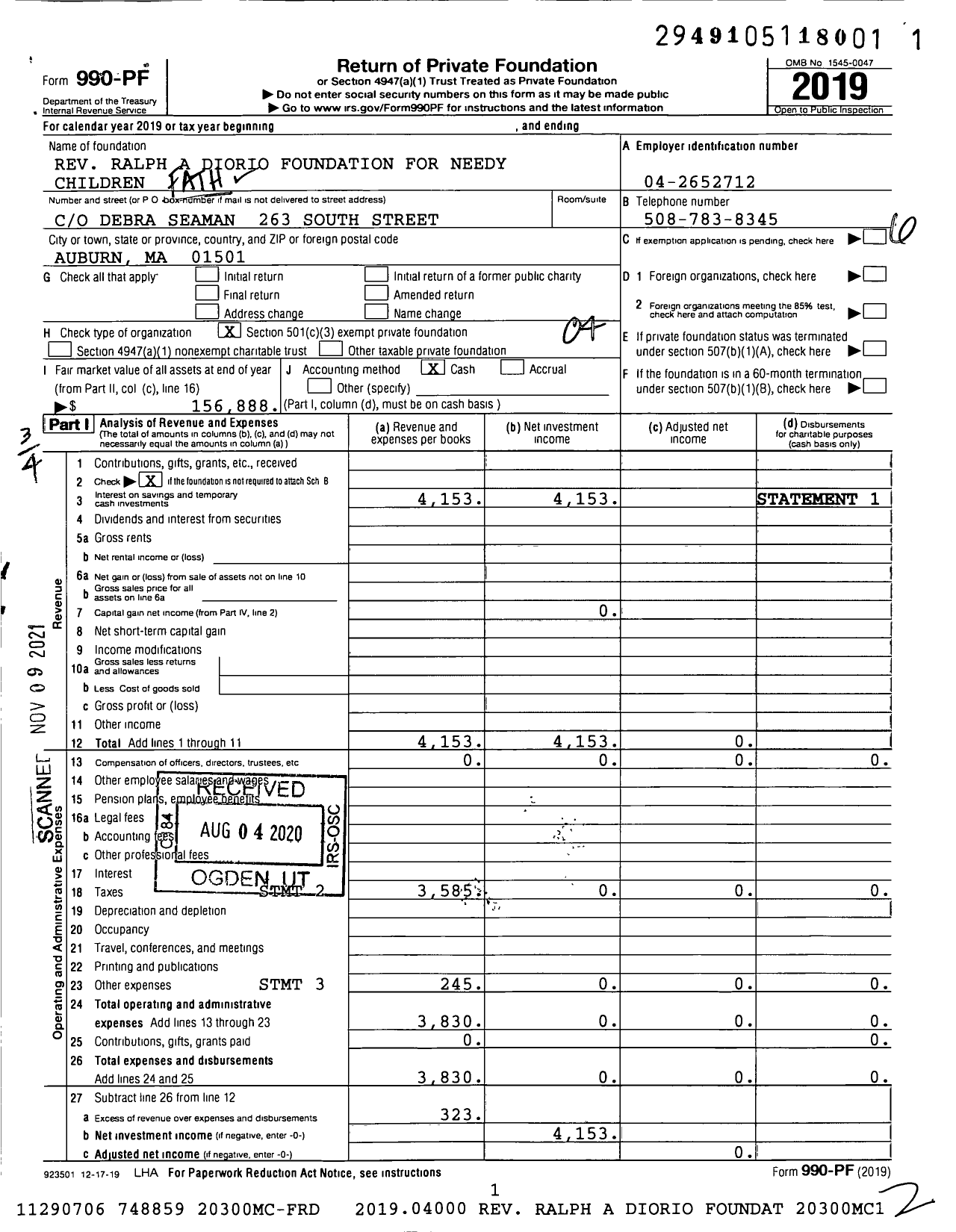 Image of first page of 2019 Form 990PF for Father Ralph A Diorio JR Foundation