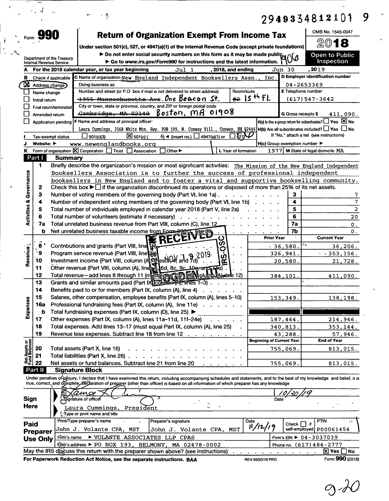 Image of first page of 2018 Form 990O for New England Independent Booksellers Assn