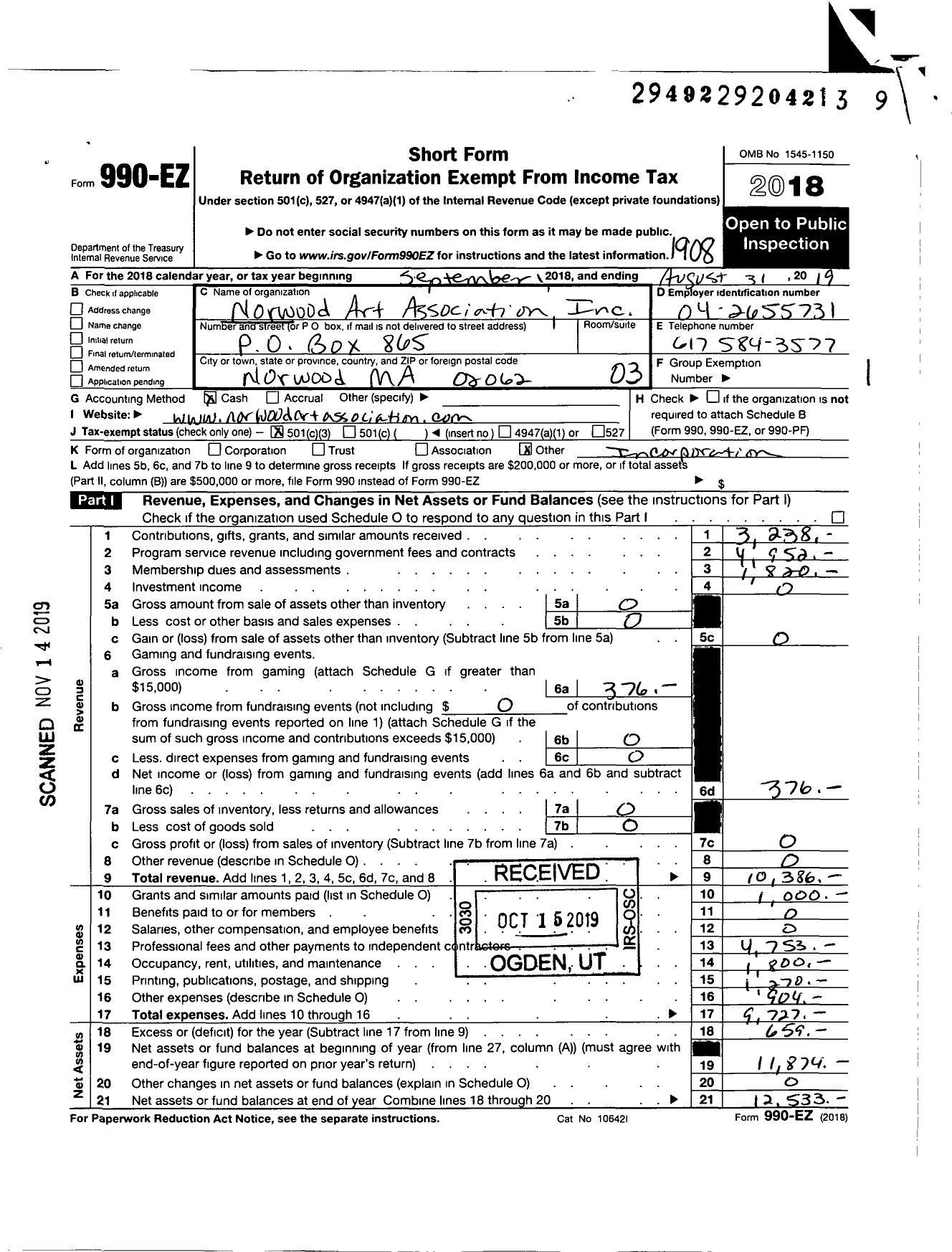 Image of first page of 2018 Form 990EZ for Norwood Art Association