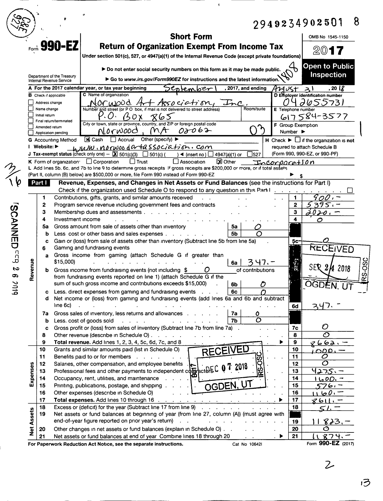 Image of first page of 2017 Form 990EZ for Norwood Art Association