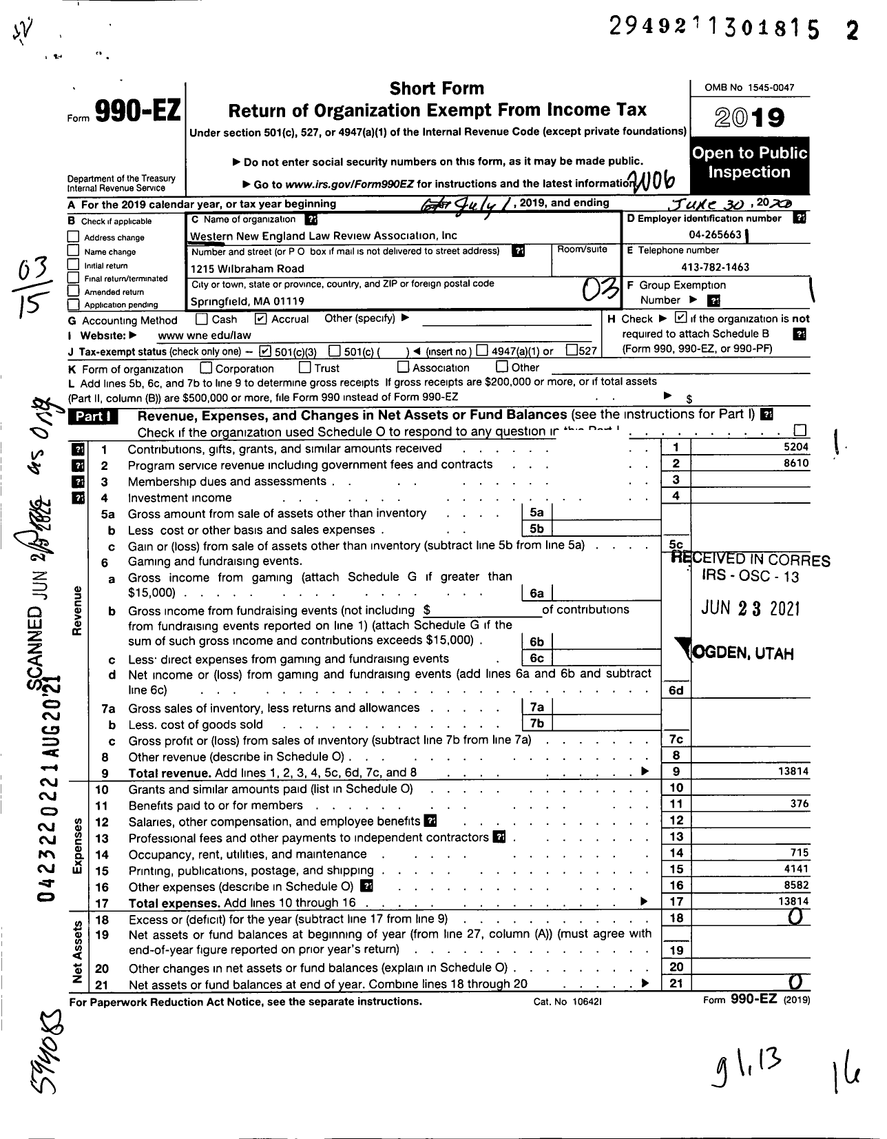 Image of first page of 2019 Form 990EZ for Western New England Law Review Association