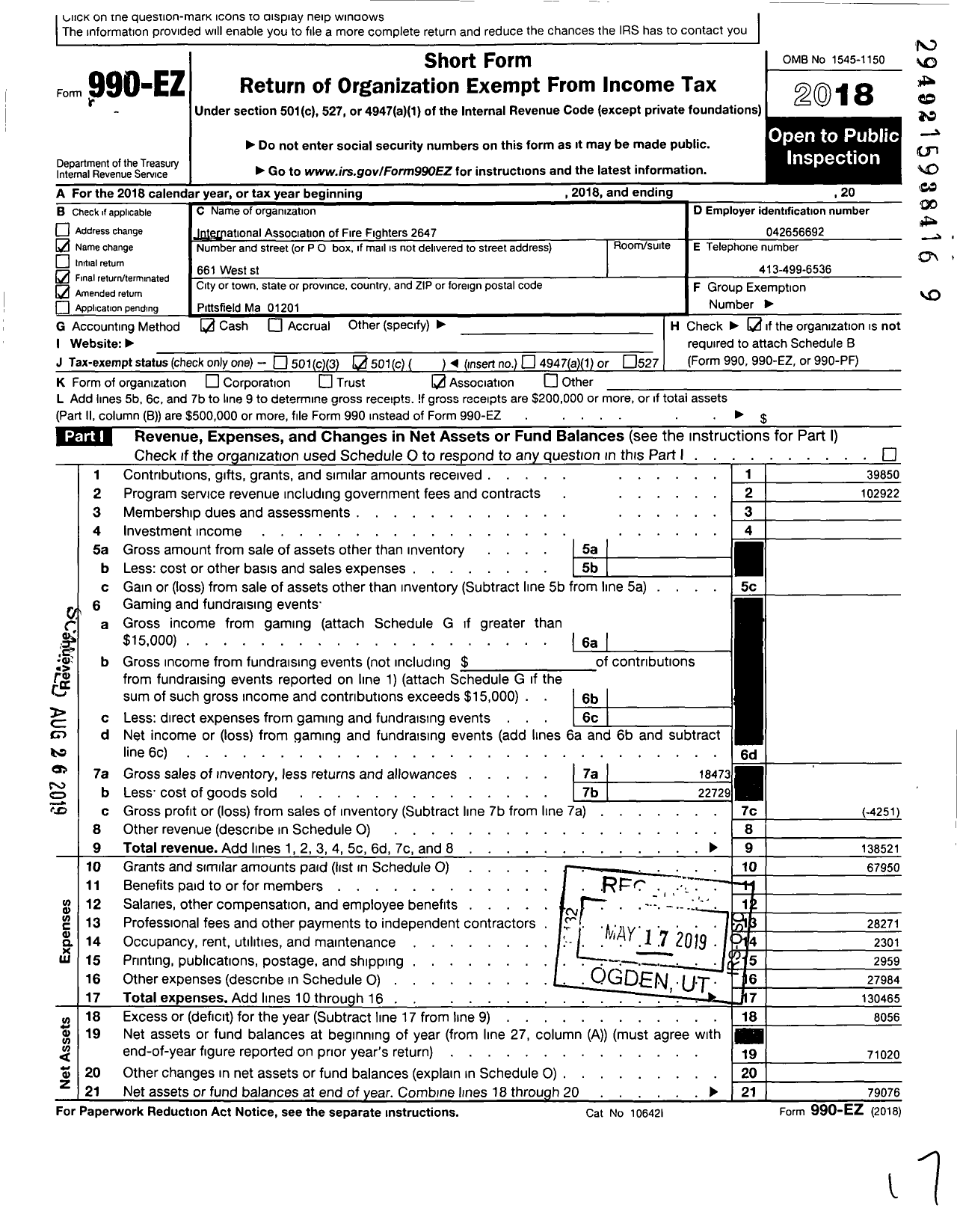 Image of first page of 2018 Form 990EO for International Association of Fire Fighters - L2647 Pittsfield