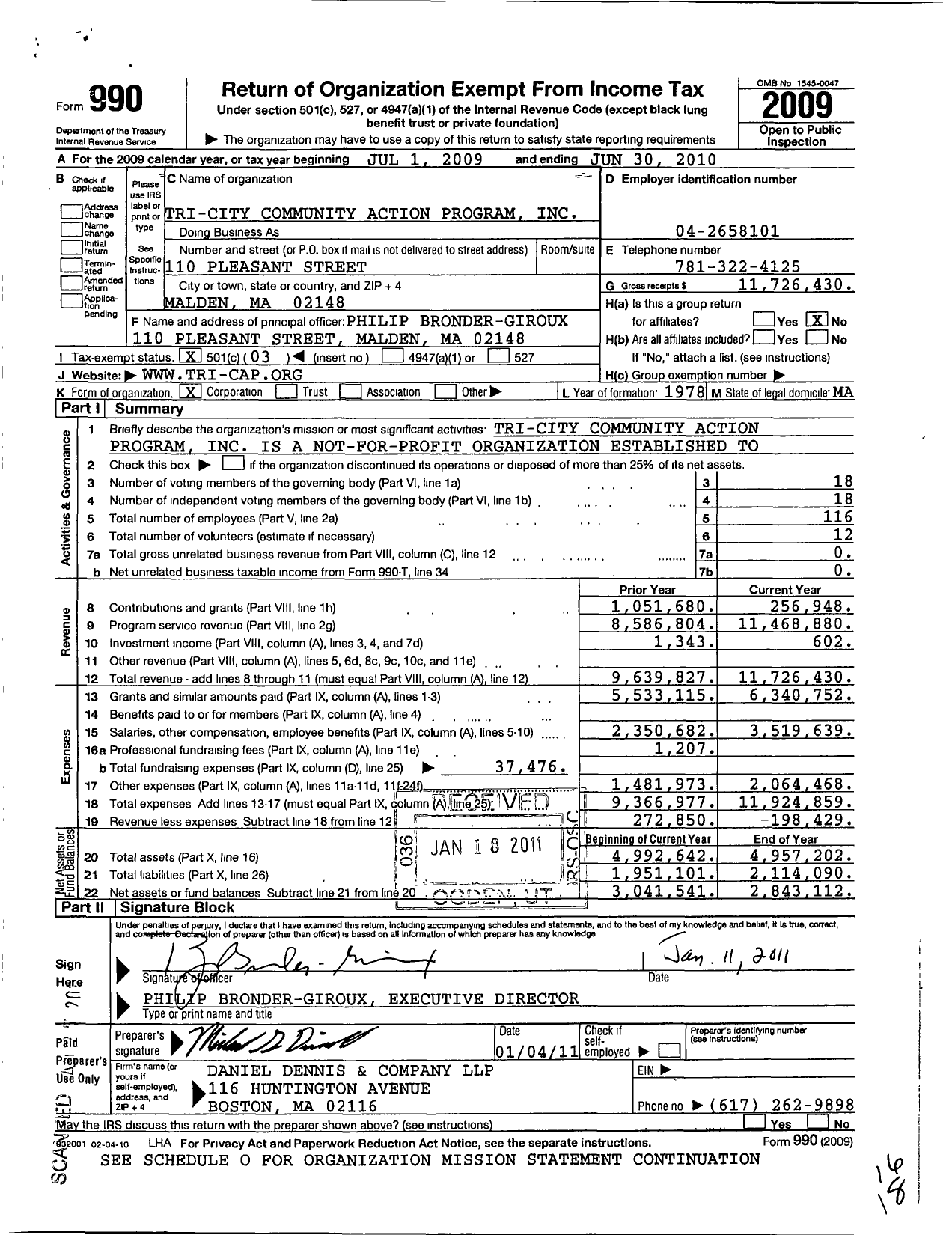 Image of first page of 2009 Form 990 for Tri-City Community Action Program (Tri-CAP)