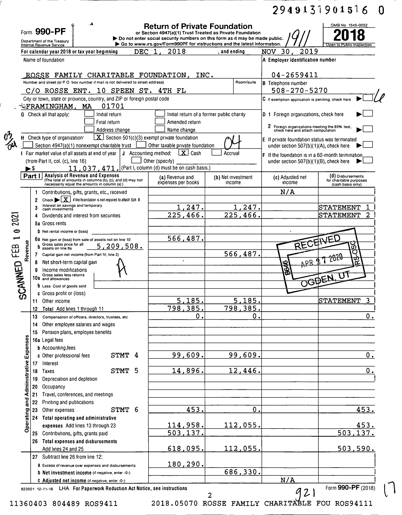 Image of first page of 2018 Form 990PF for Rosse Family Charitable Foundation