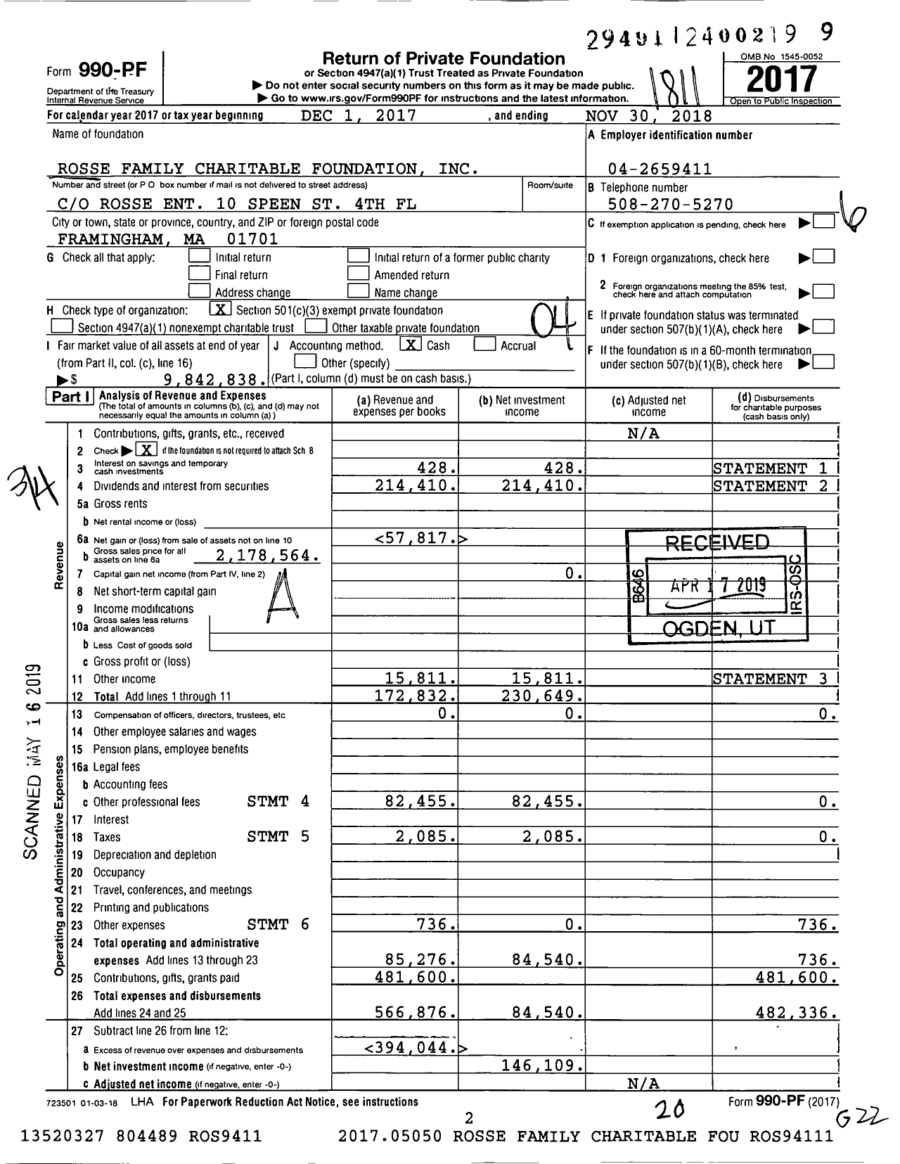 Image of first page of 2017 Form 990PF for Rosse Family Charitable Foundation