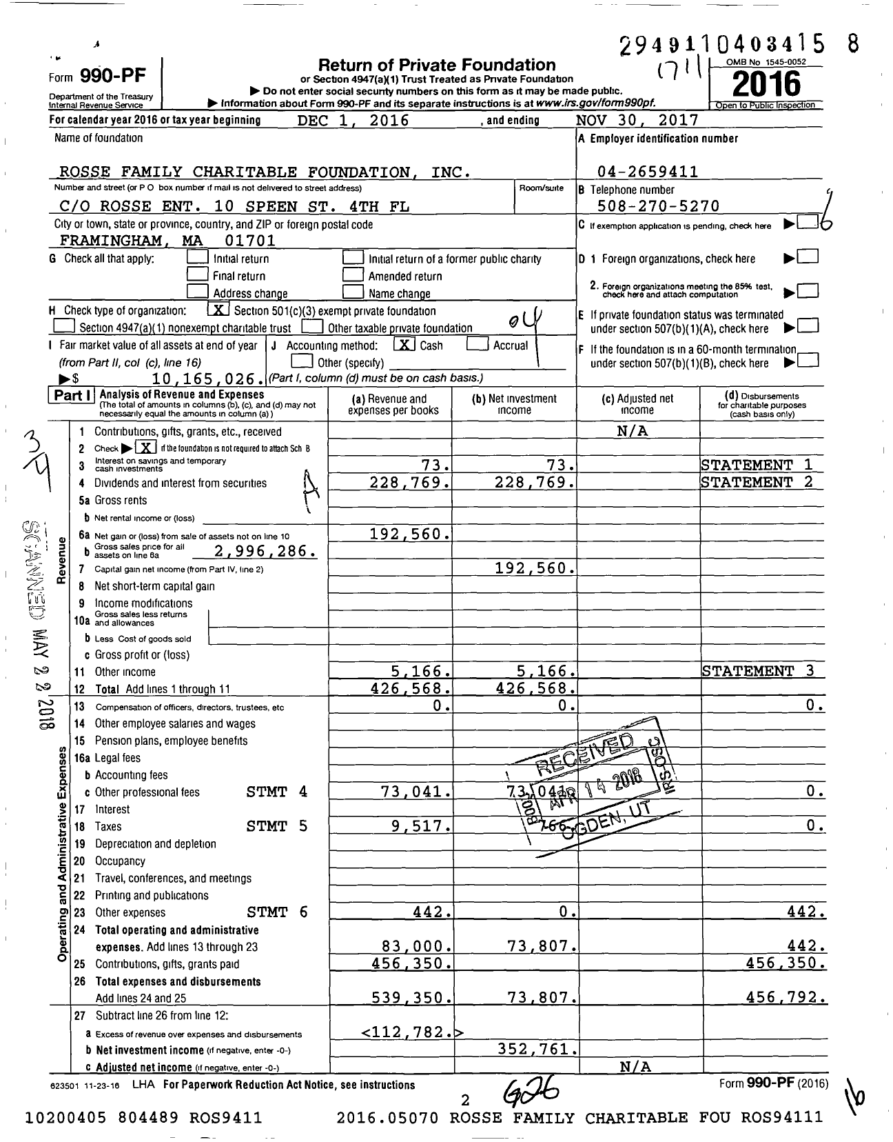 Image of first page of 2016 Form 990PF for Rosse Family Charitable Foundation