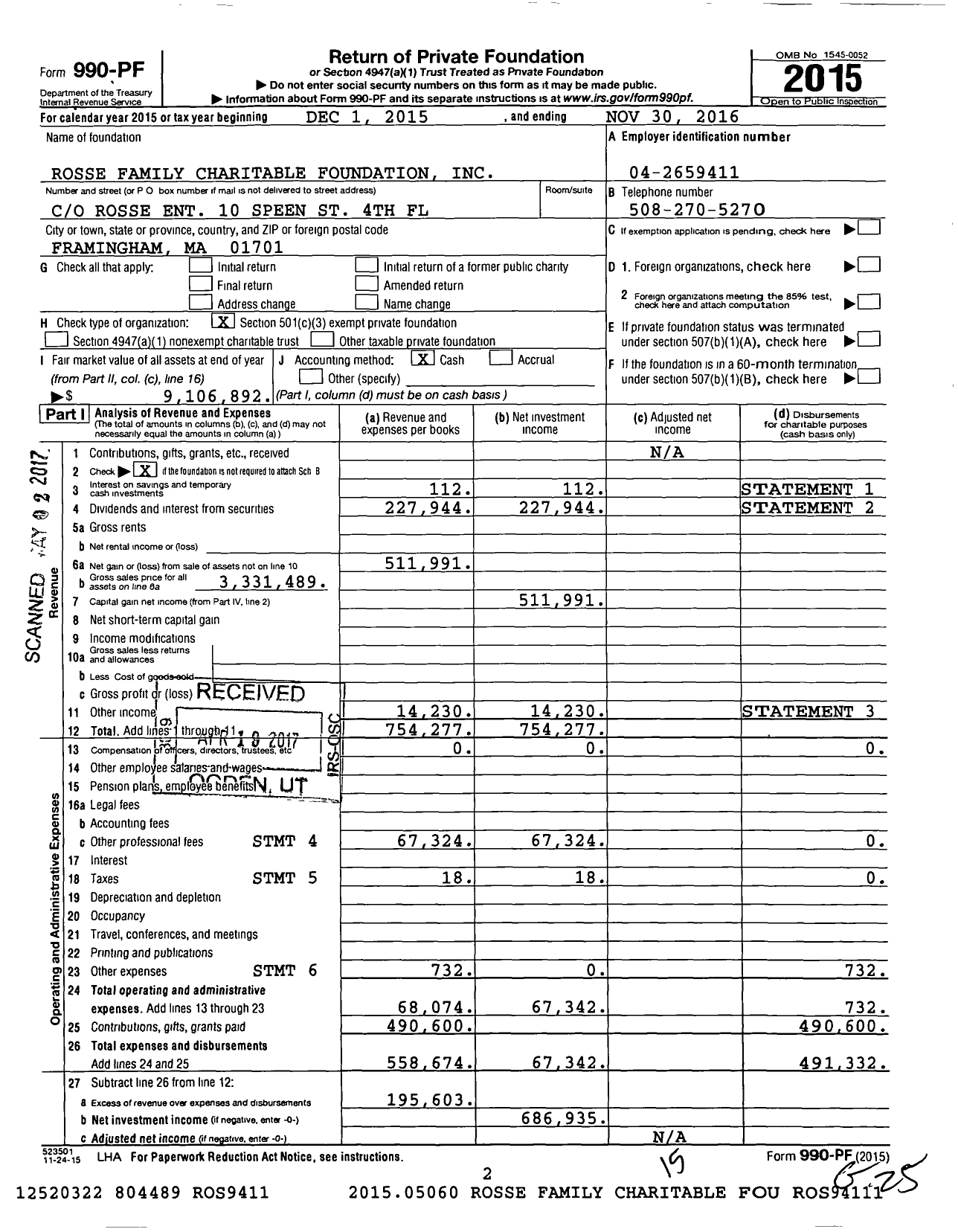 Image of first page of 2015 Form 990PF for Rosse Family Charitable Foundation