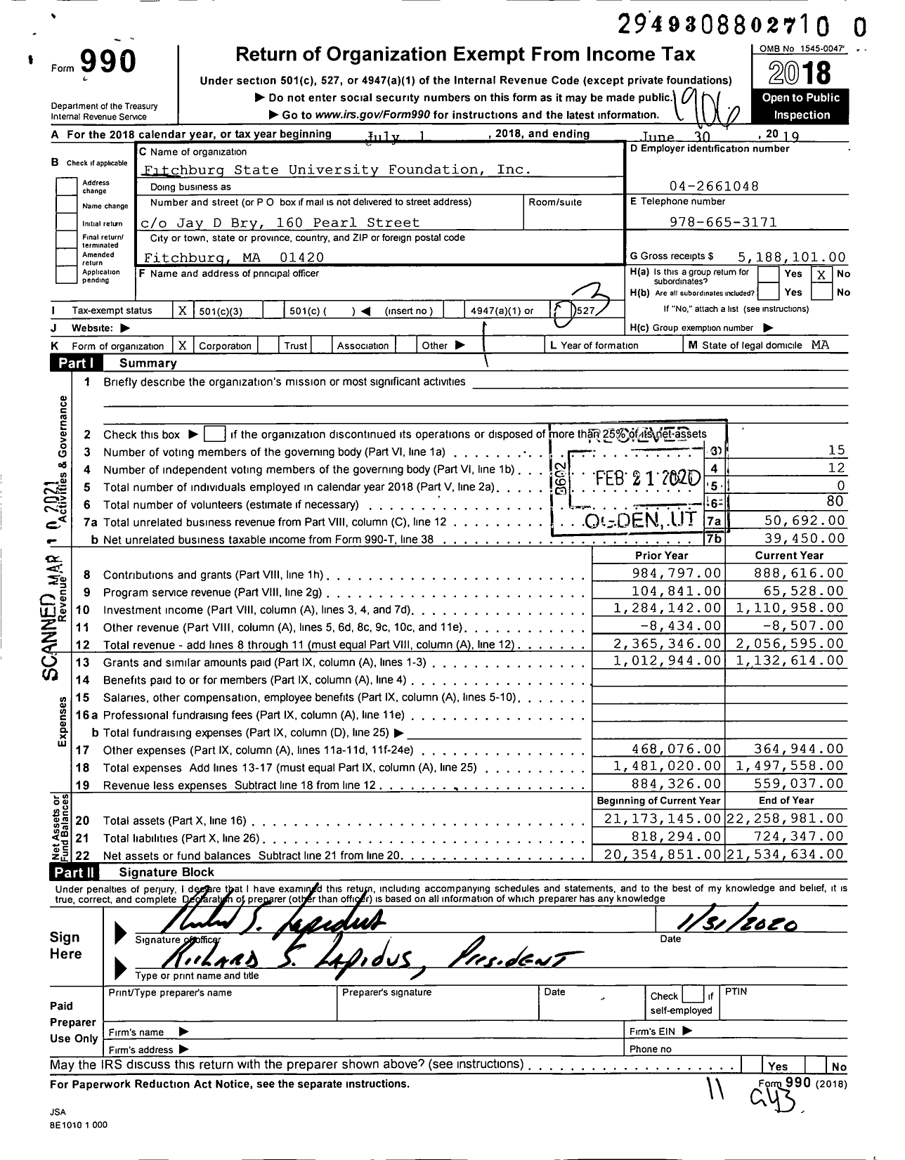 Image of first page of 2018 Form 990 for Fitchburg State University Foundation