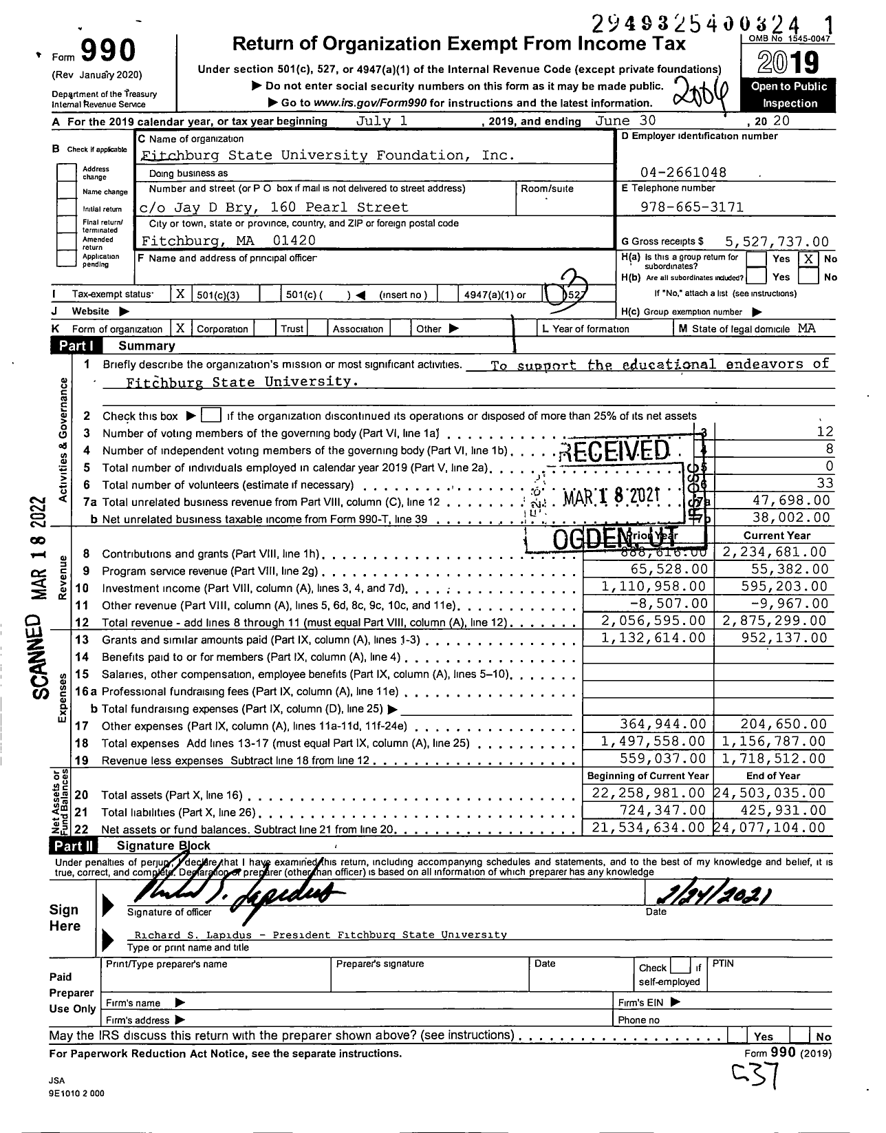 Image of first page of 2019 Form 990 for Fitchburg State University Foundation