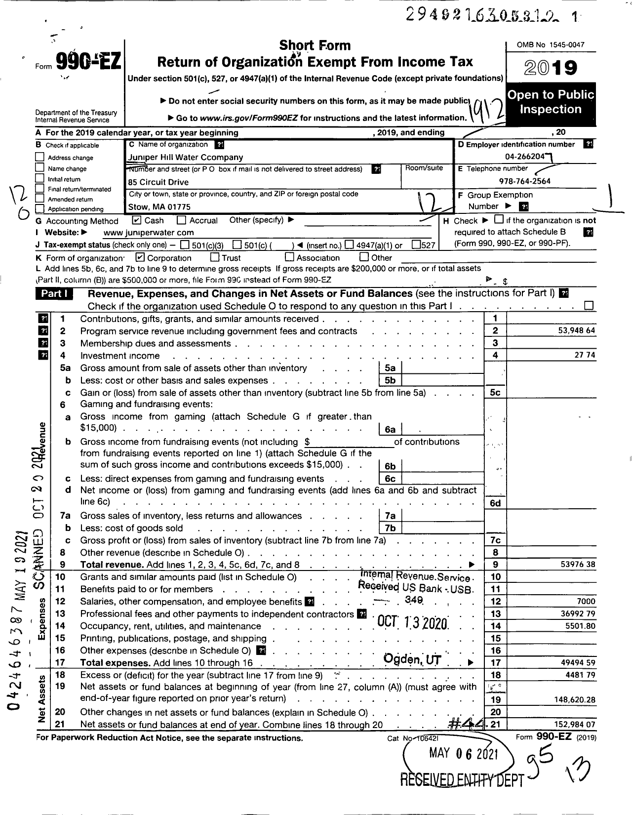 Image of first page of 2019 Form 990EO for Juniper Hill Water Company