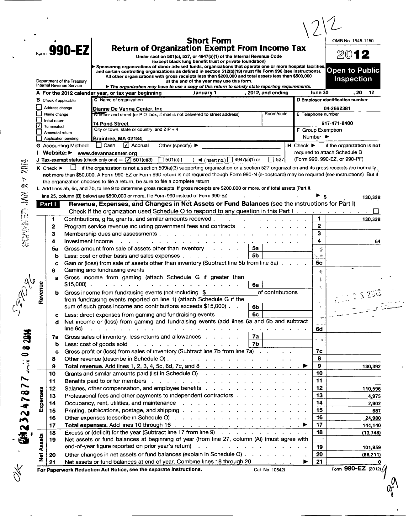 Image of first page of 2012 Form 990EZ for Dianne de Vanna Center