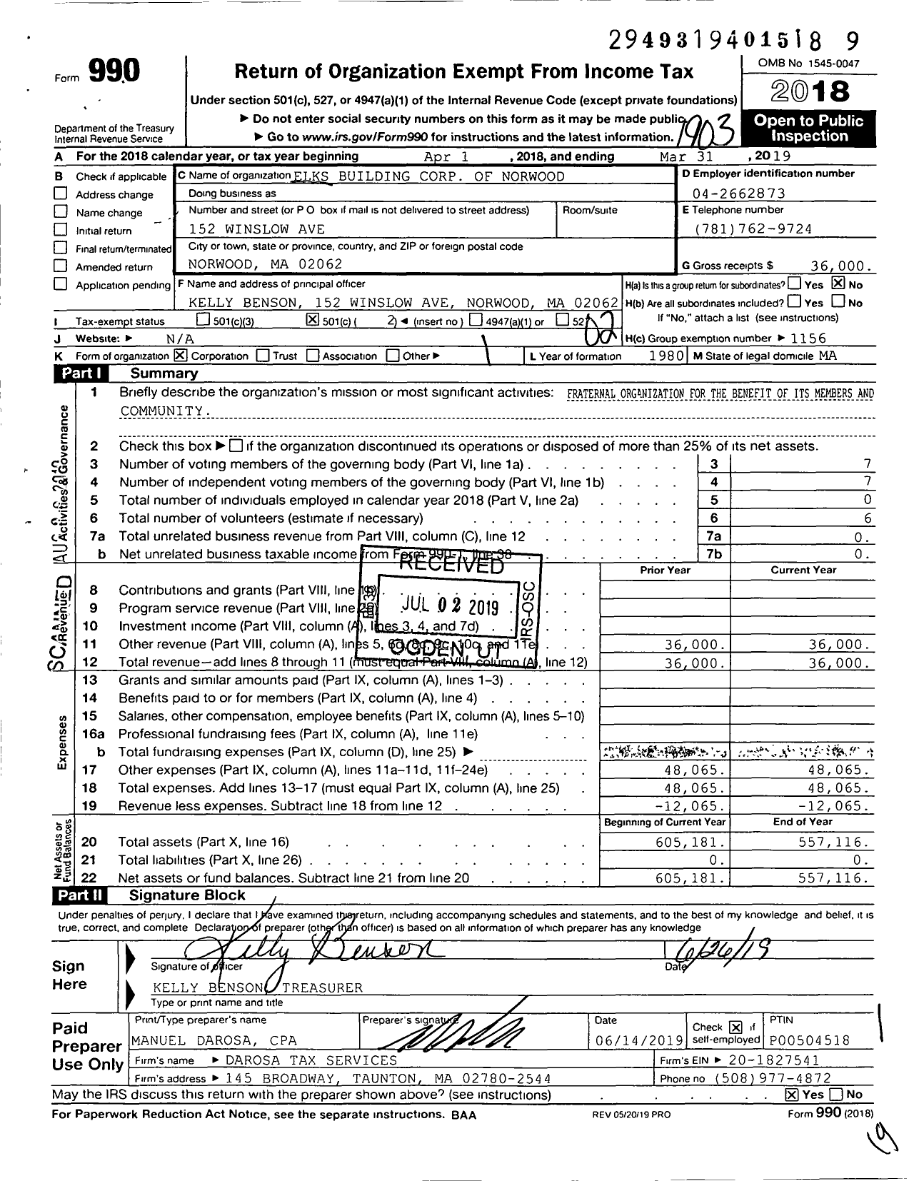 Image of first page of 2018 Form 990O for Elks Building Corp of Norwood