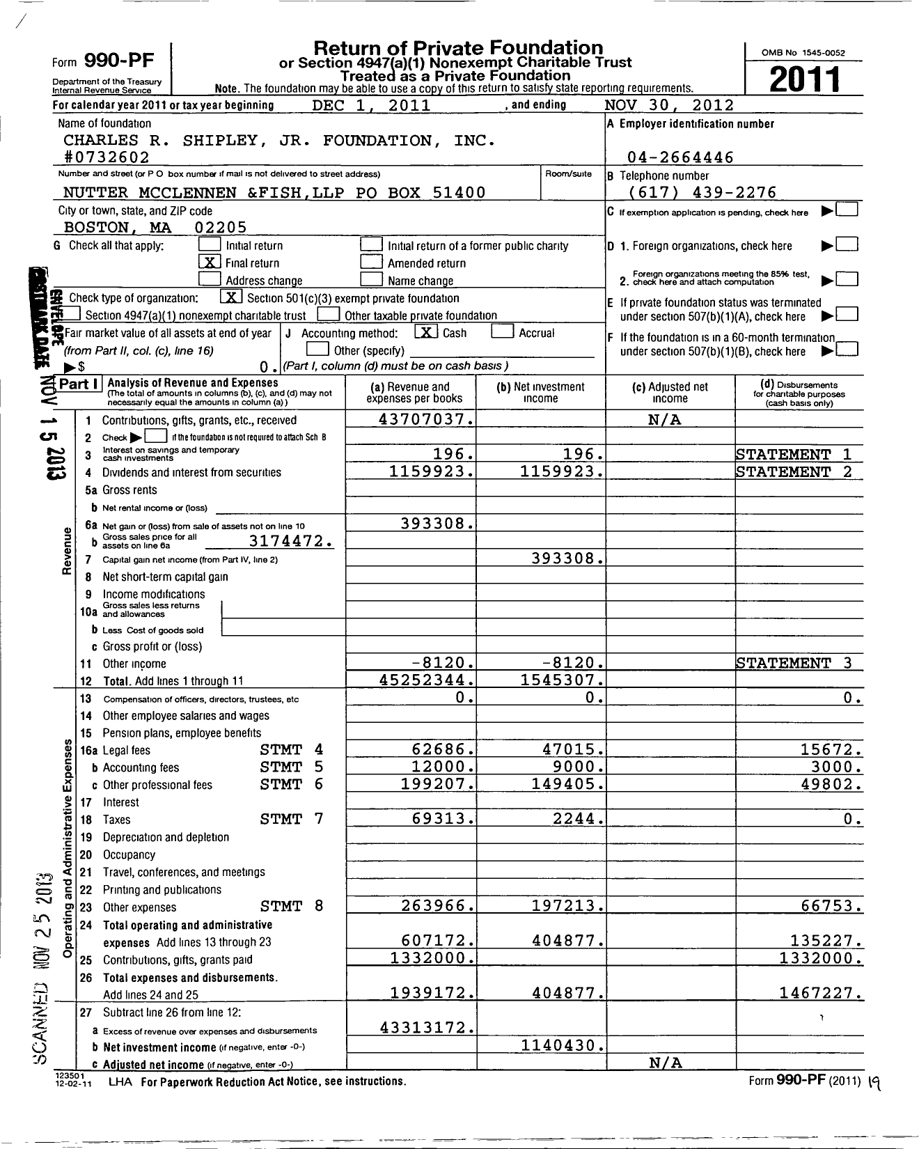 Image of first page of 2011 Form 990PF for Charles R Shipley JR Foundation