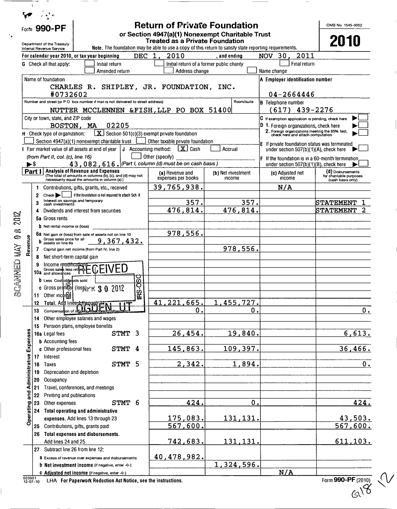 Image of first page of 2010 Form 990PF for Charles R Shipley JR Foundation