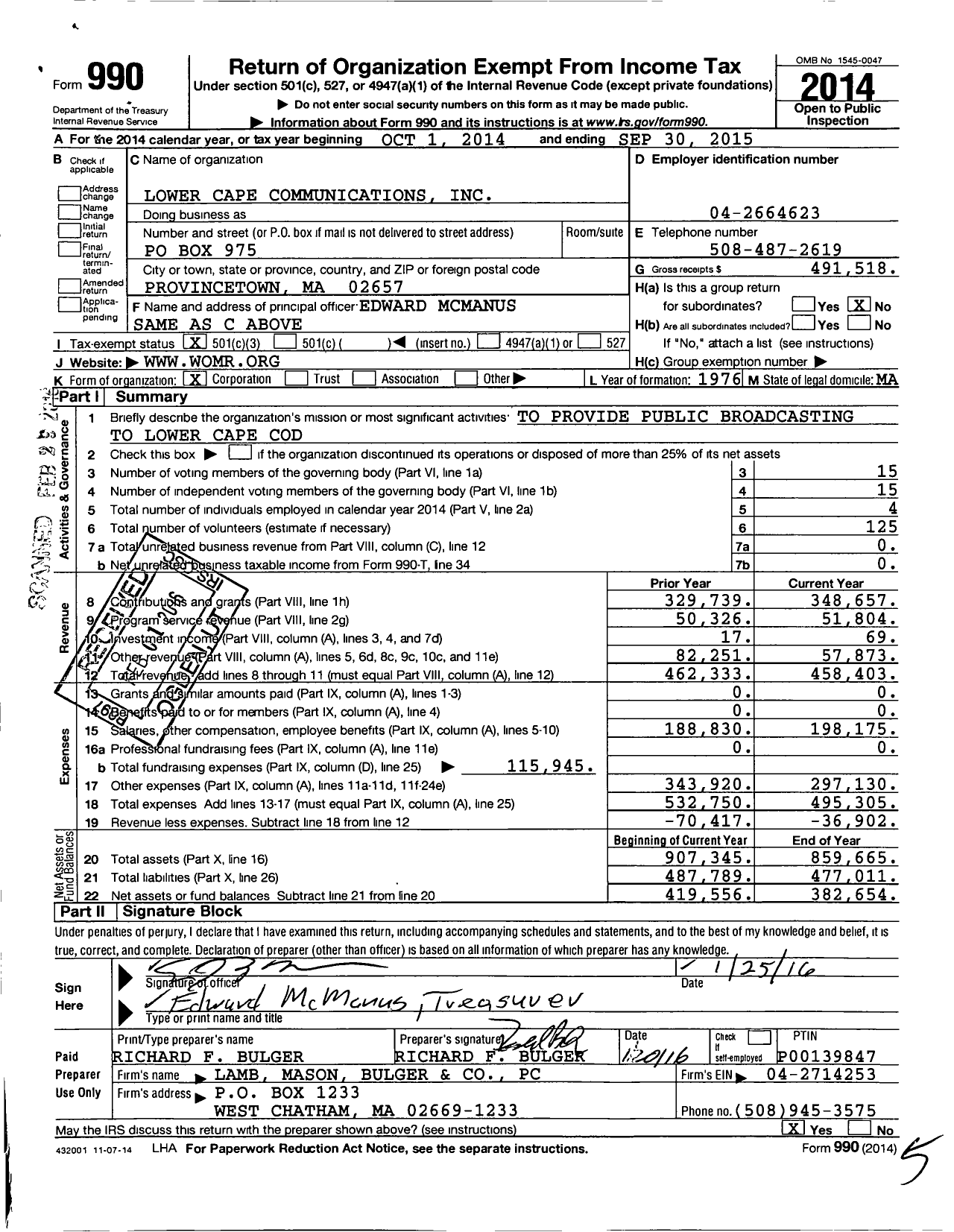 Image of first page of 2014 Form 990 for Lower Cape Communications