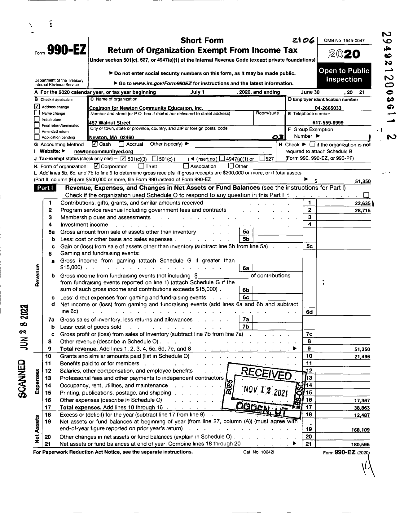 Image of first page of 2020 Form 990EZ for Coalition for Newton Community Education