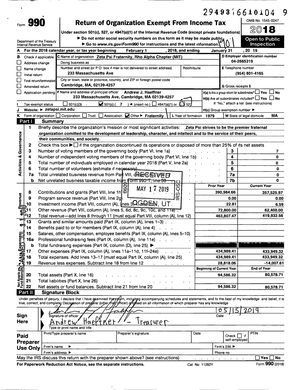 Image of first page of 2018 Form 990O for Zeta Psi Fraternity of North America