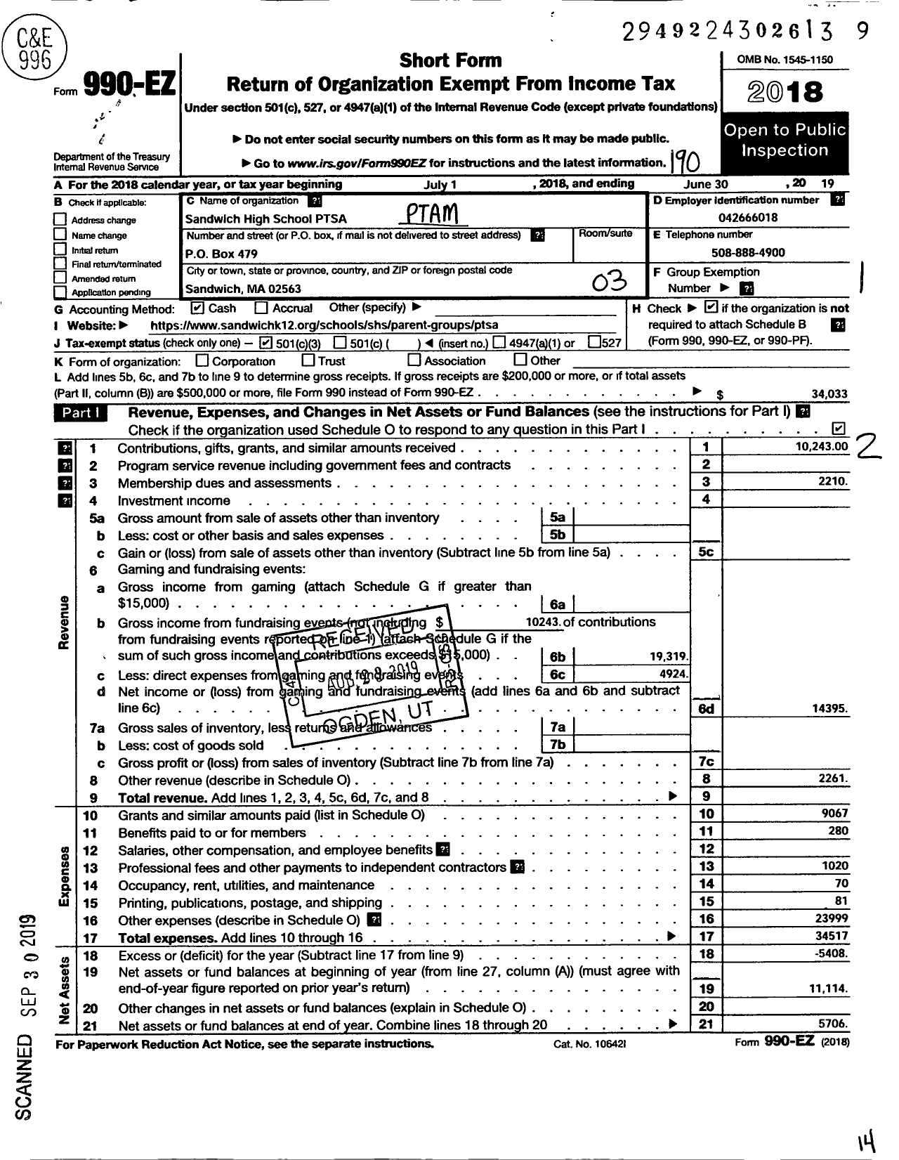 Image of first page of 2018 Form 990EZ for Sandwich High School PTSA