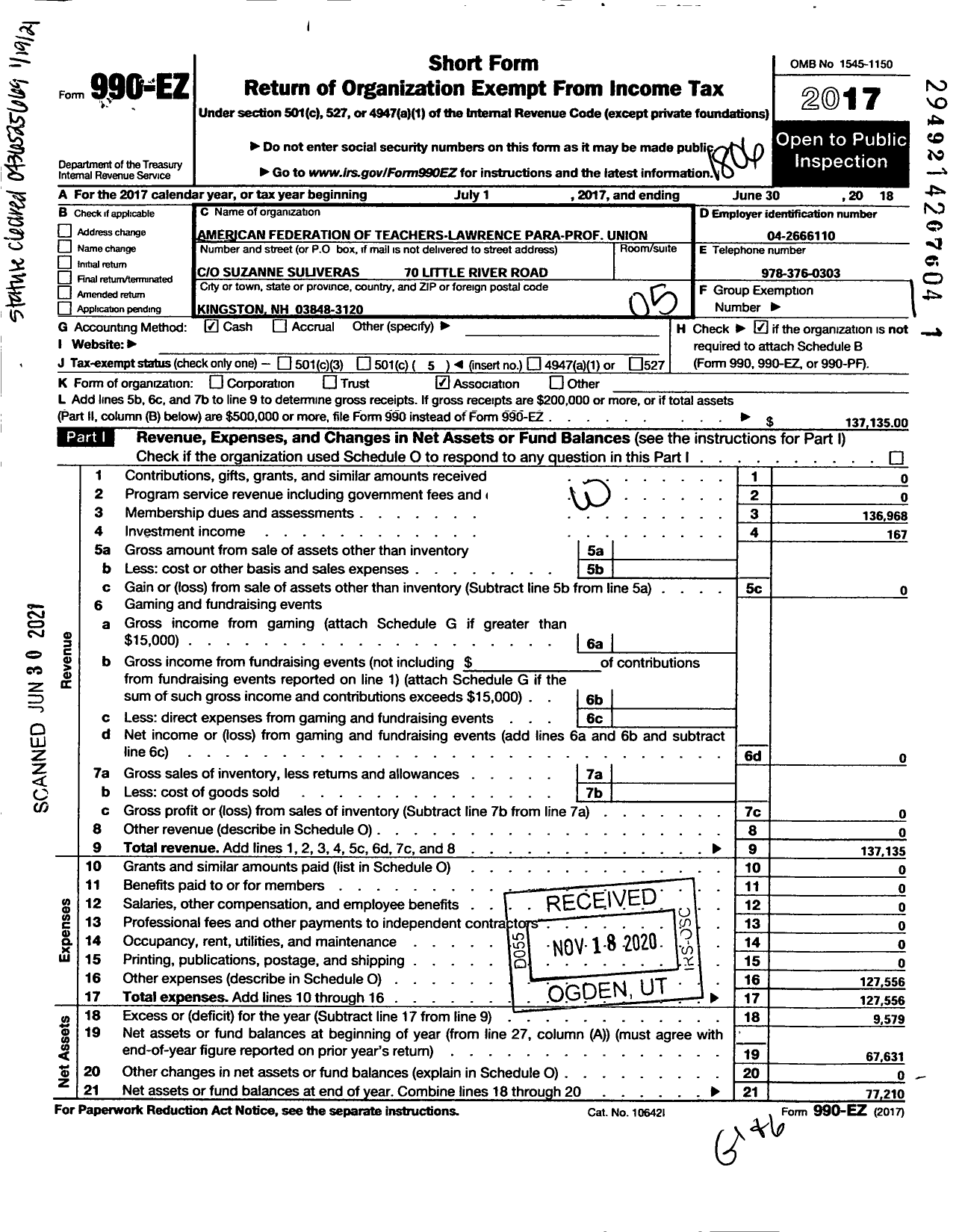 Image of first page of 2017 Form 990EO for American Federation of Teachers-Lawrence Para-Prof Union