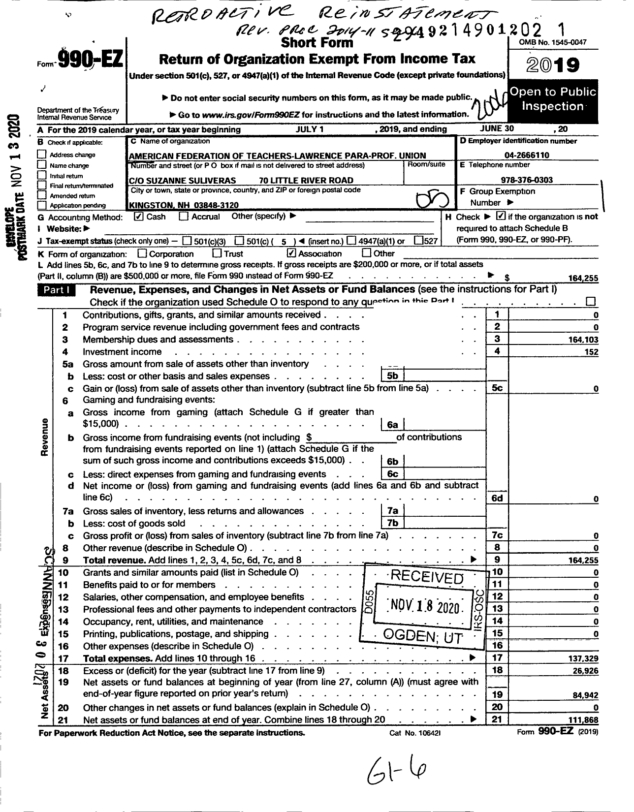 Image of first page of 2019 Form 990EO for American Federation of Teachers-Lawrence Para-Prof Union