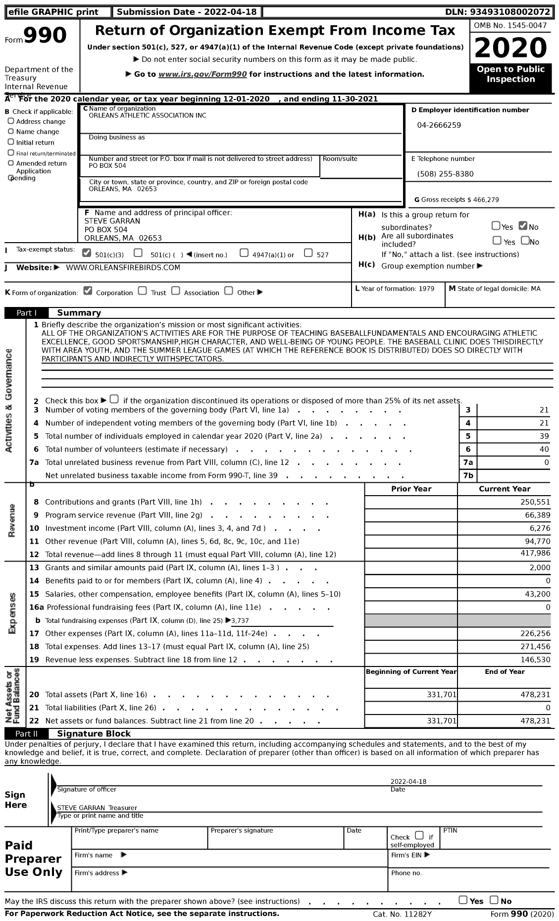 Image of first page of 2020 Form 990 for Orleans Athletic Association