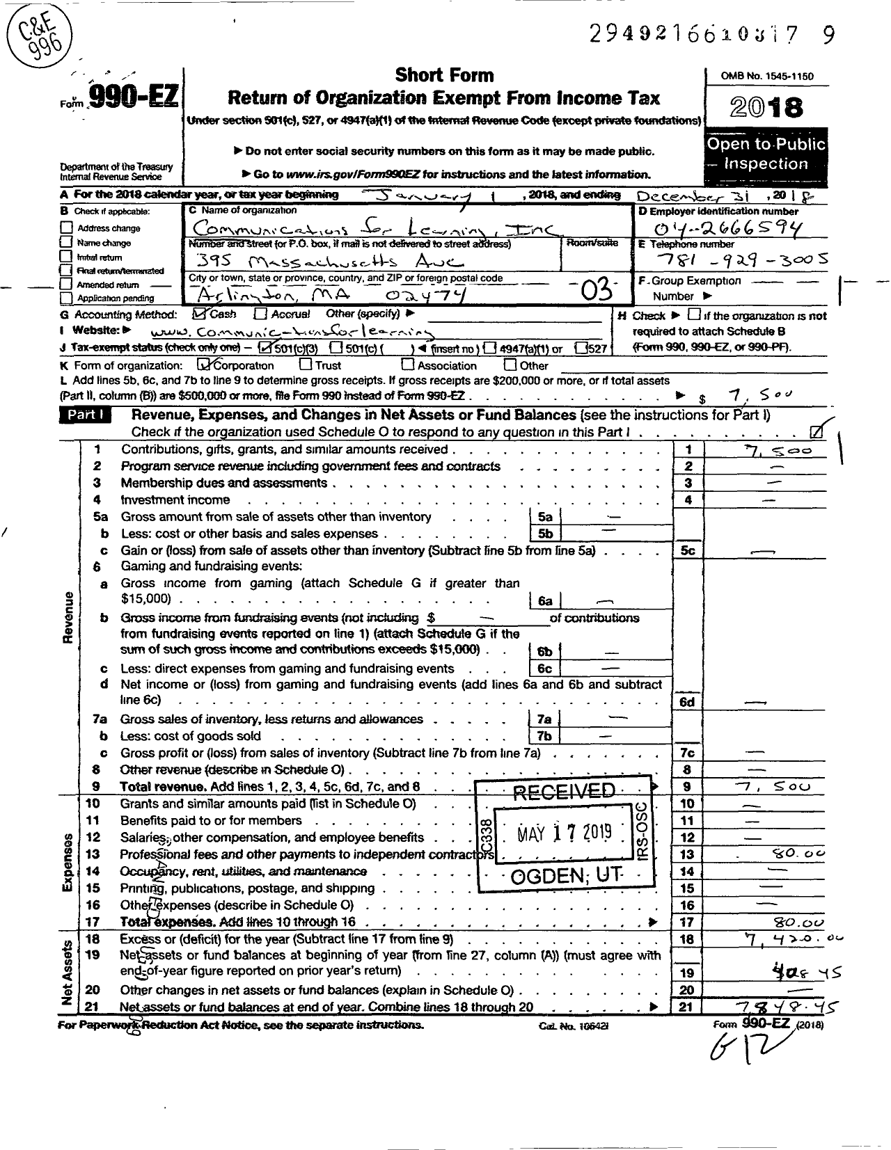 Image of first page of 2018 Form 990EZ for Communications for Learning