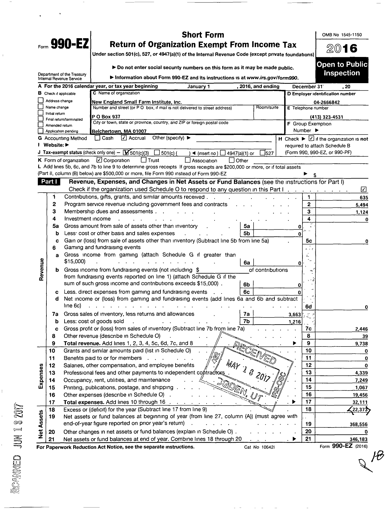 Image of first page of 2016 Form 990EZ for New England Small Farm Institute