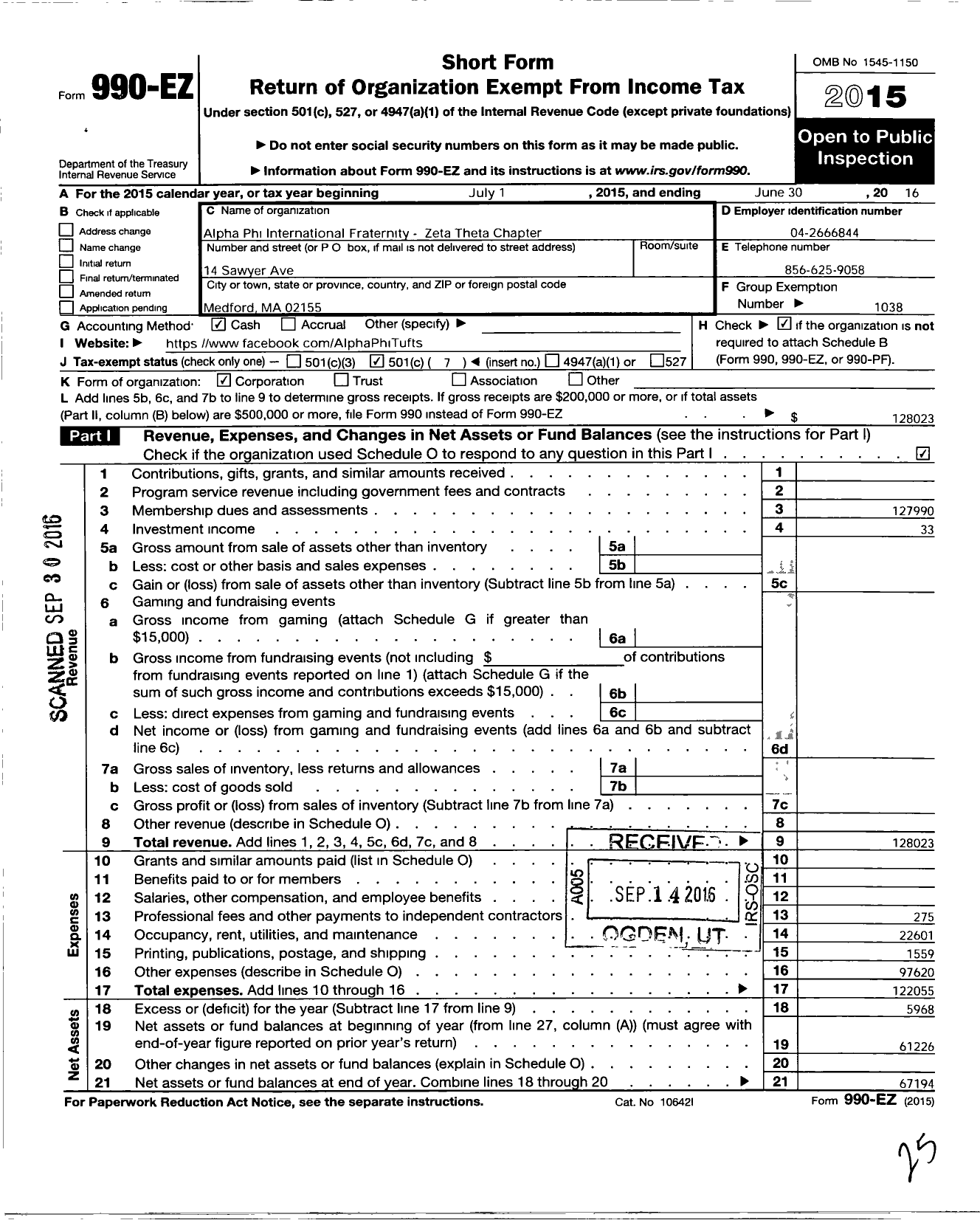 Image of first page of 2015 Form 990EO for Alpha Phi - Zeta Theta Chapter at Tufts