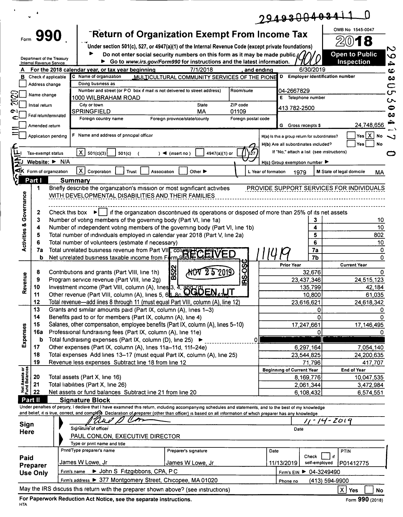 Image of first page of 2018 Form 990 for Multicultural Community Service of the Pioneer Valley (MCS)
