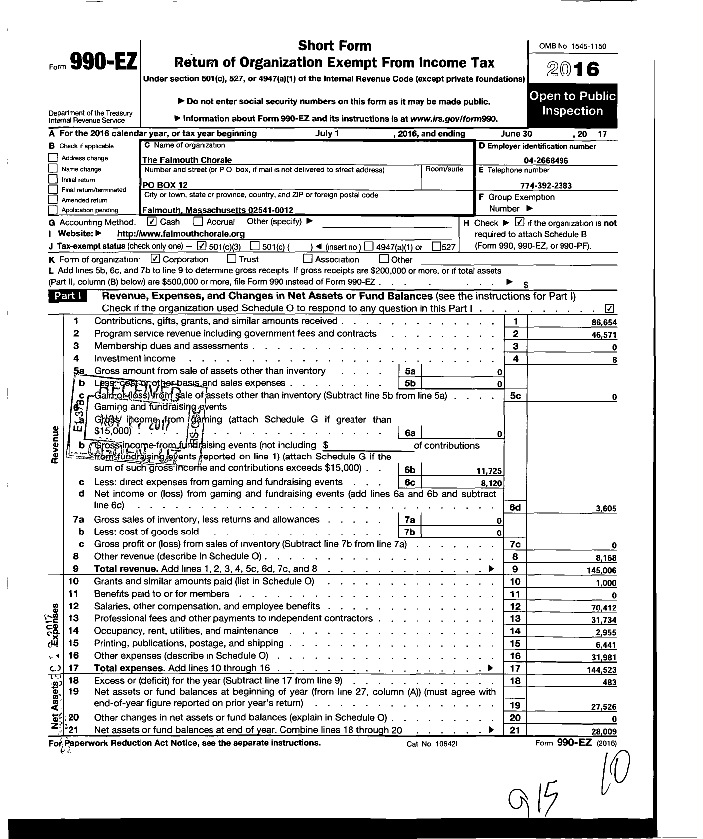 Image of first page of 2016 Form 990EZ for The Falmouth Chorale