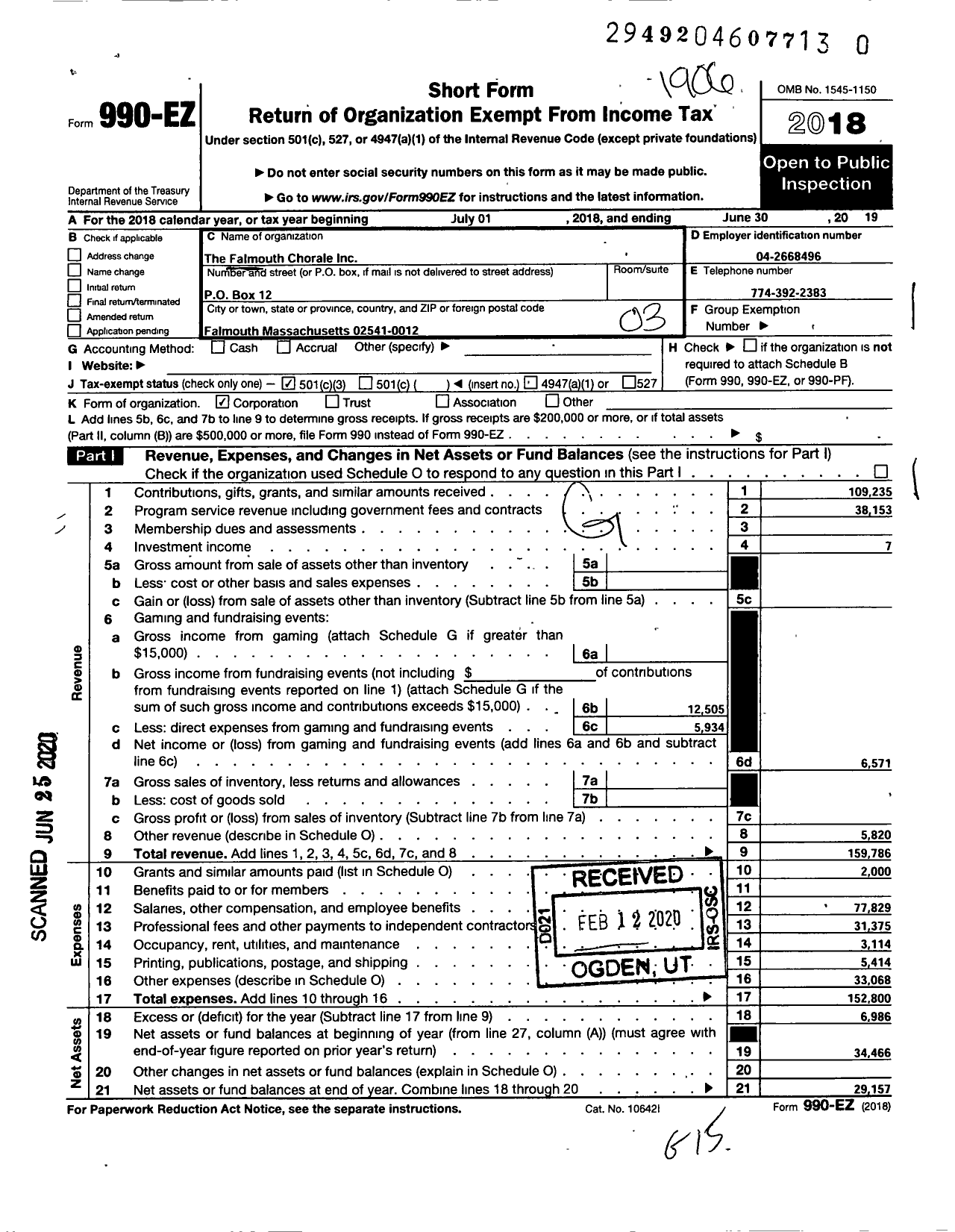 Image of first page of 2018 Form 990EZ for The Falmouth Chorale