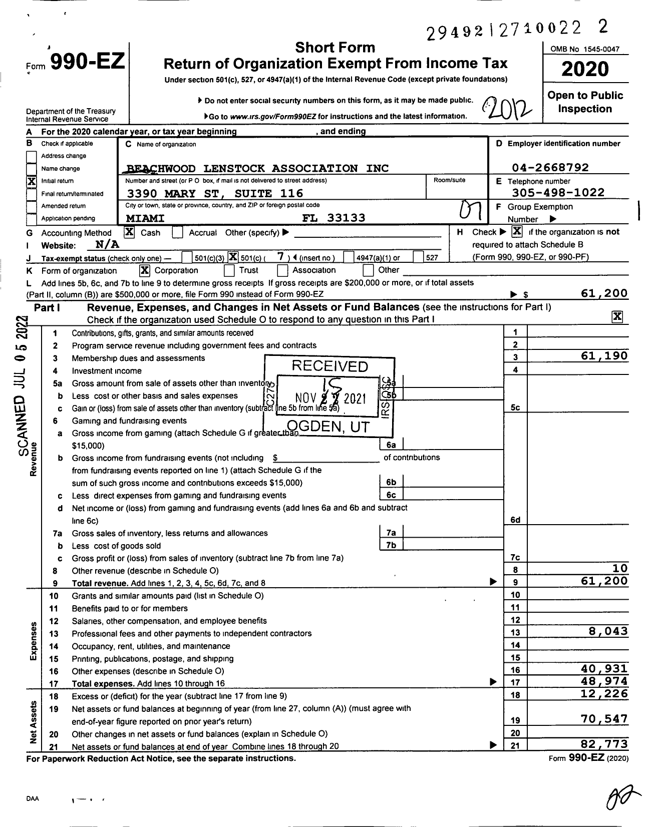 Image of first page of 2020 Form 990EO for Beachwood Lenstock Association