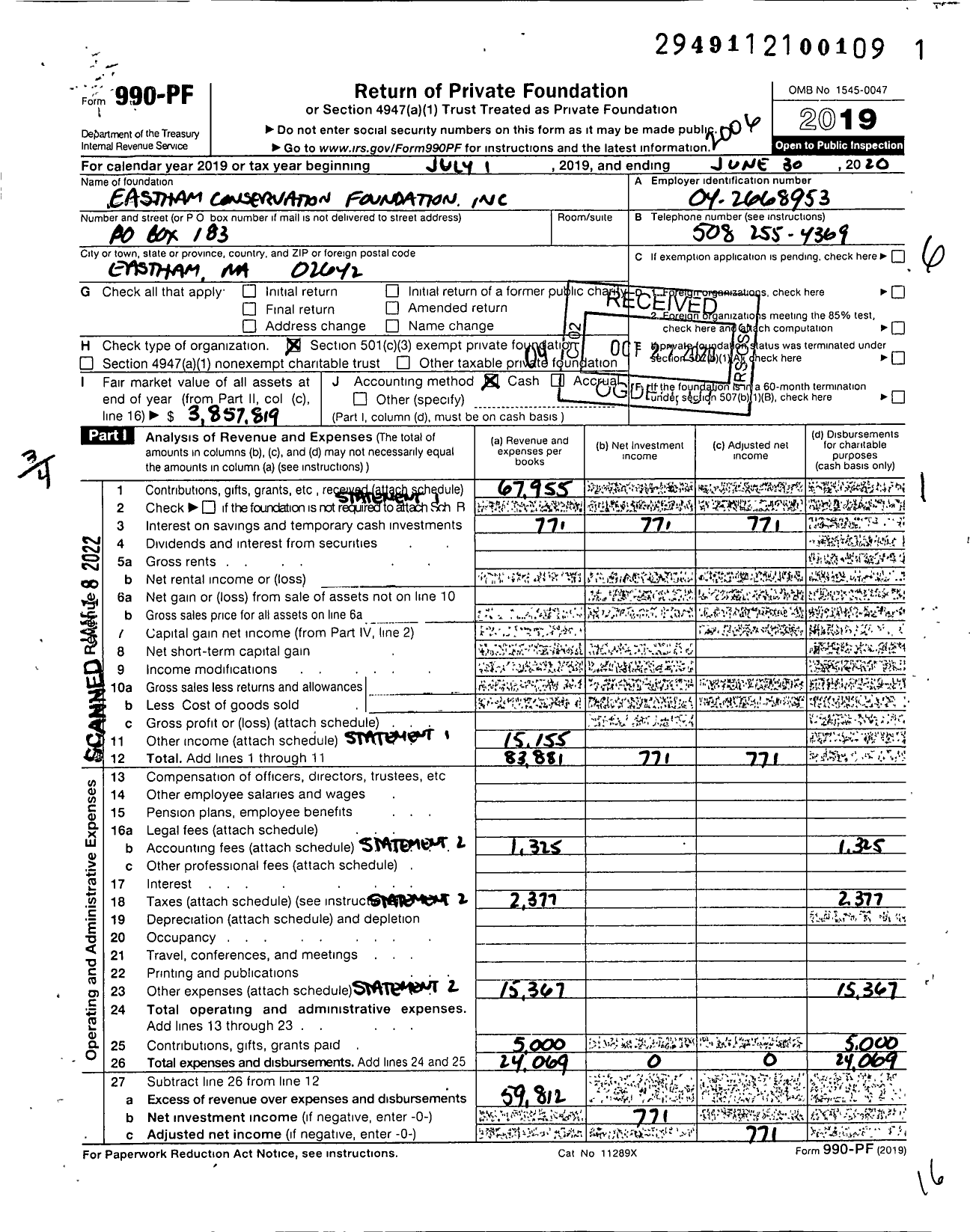 Image of first page of 2019 Form 990PF for Eastham Conservation Foundation