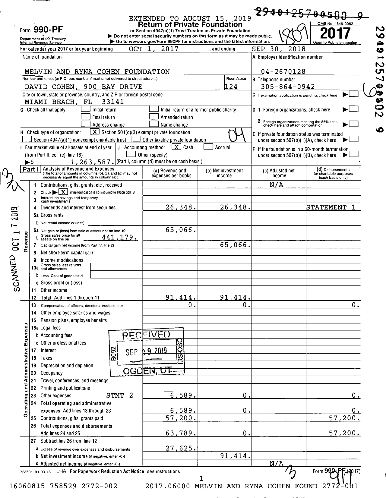 Image of first page of 2017 Form 990PF for Melvin and Ryna Cohen Foundation