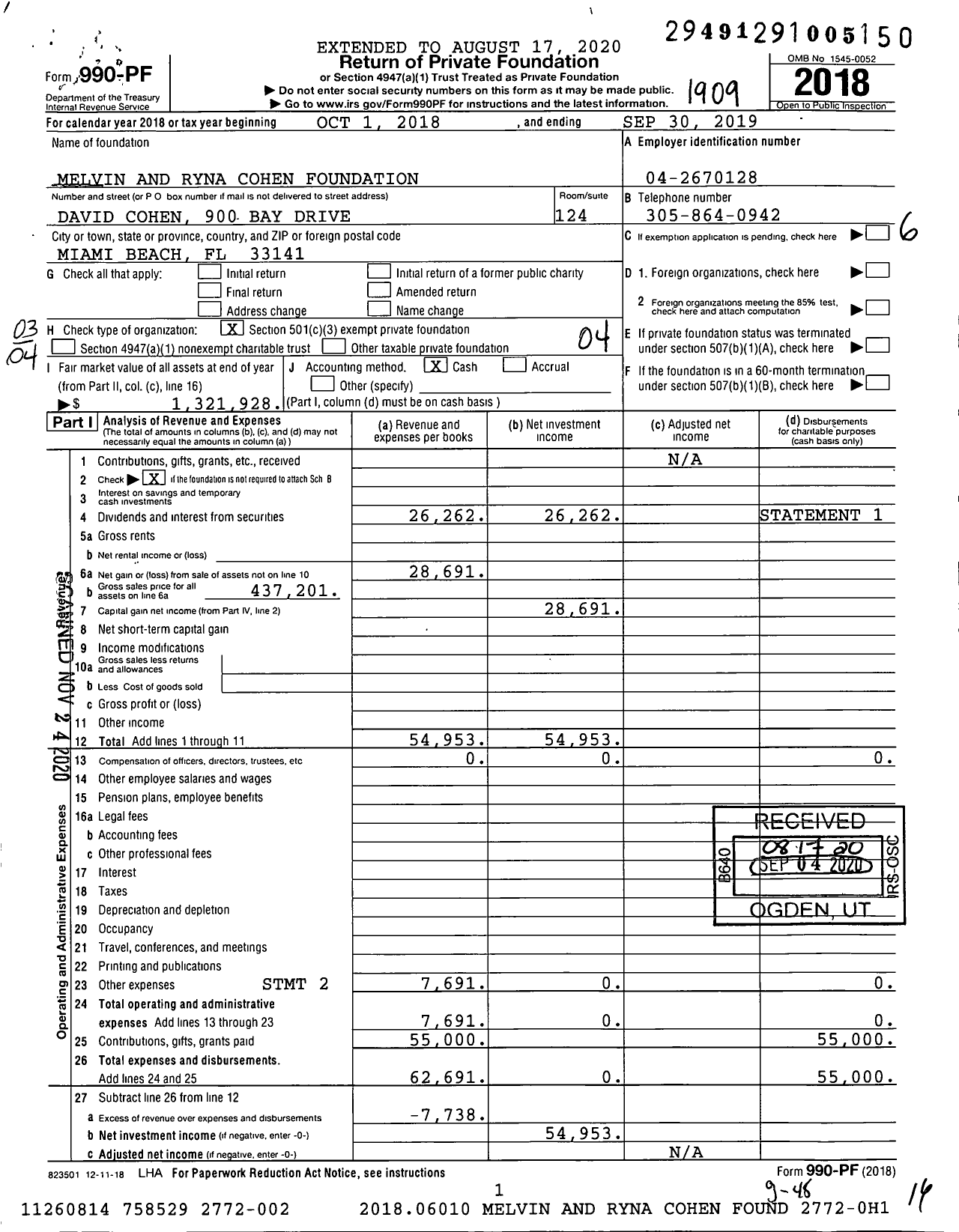 Image of first page of 2018 Form 990PF for Melvin and Ryna Cohen Foundation