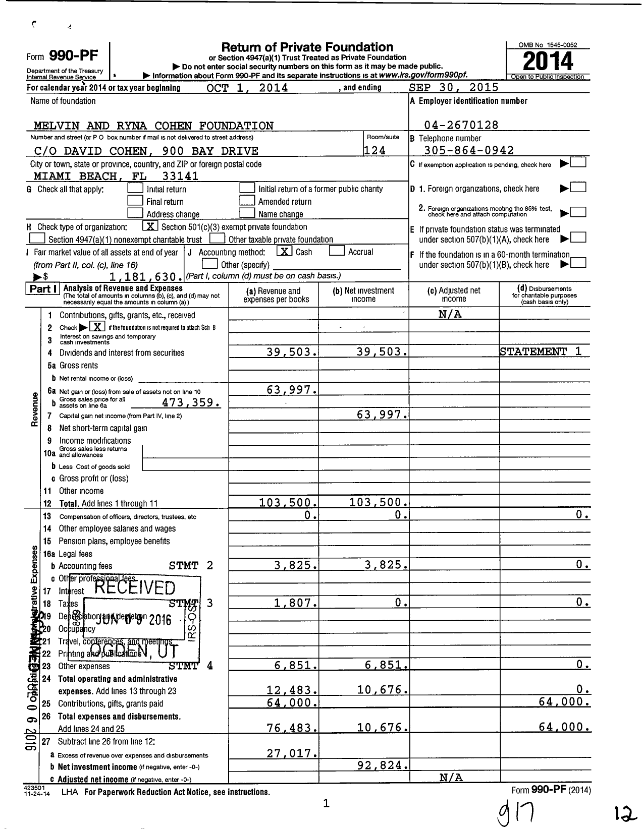 Image of first page of 2014 Form 990PF for Melvin and Ryna Cohen Foundation