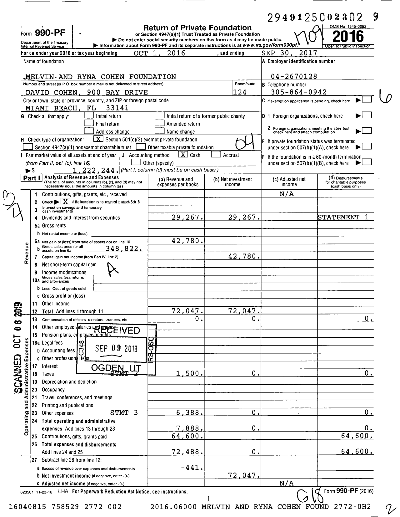 Image of first page of 2016 Form 990PF for Melvin and Ryna Cohen Foundation