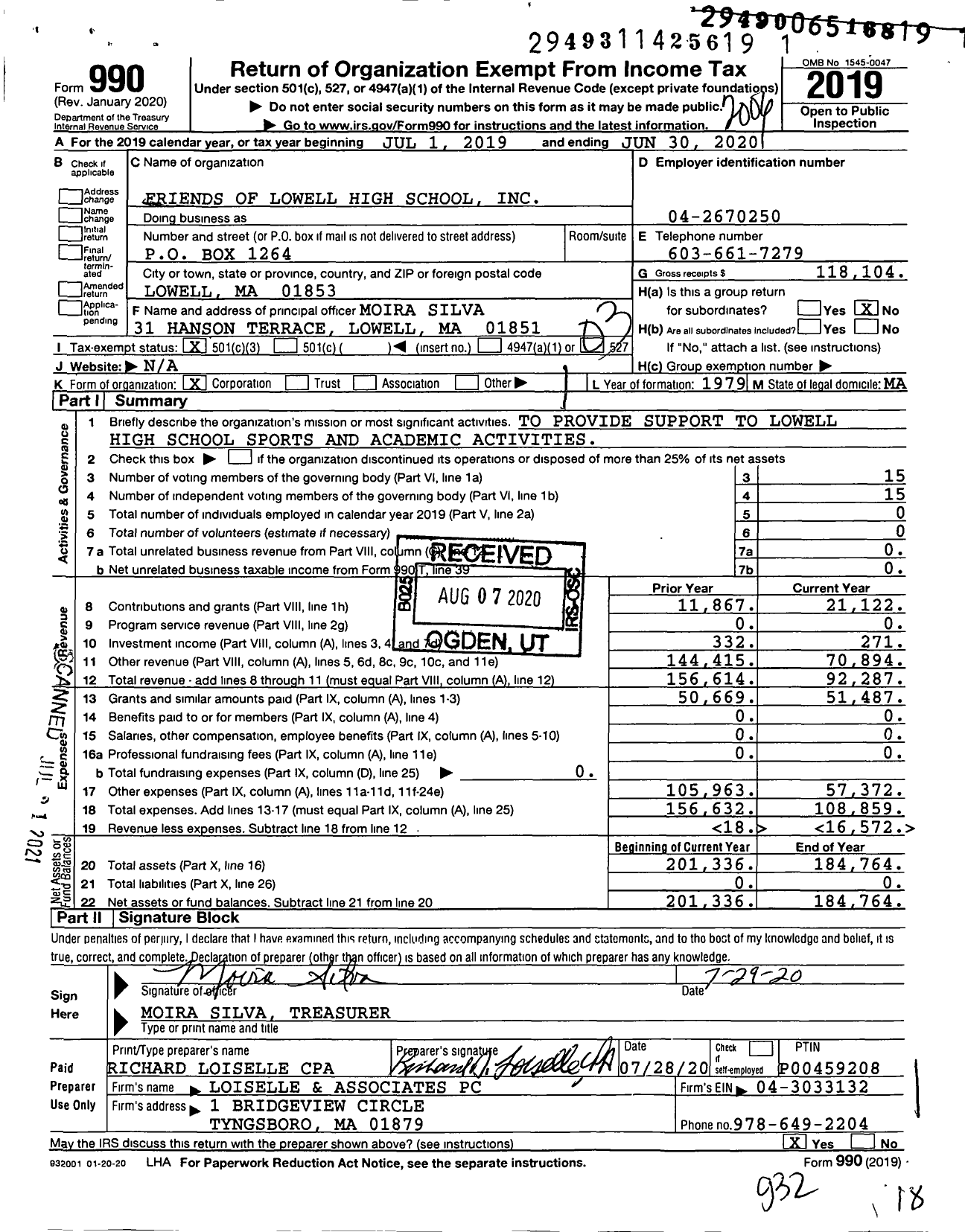 Image of first page of 2019 Form 990 for Friends of Lowell High School