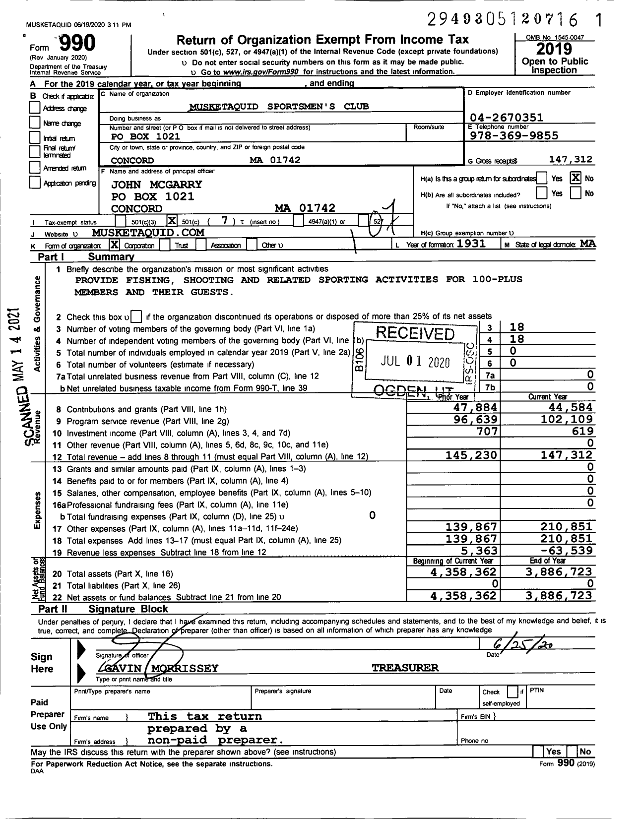 Image of first page of 2019 Form 990O for Musketaquid Sportsmen's Club