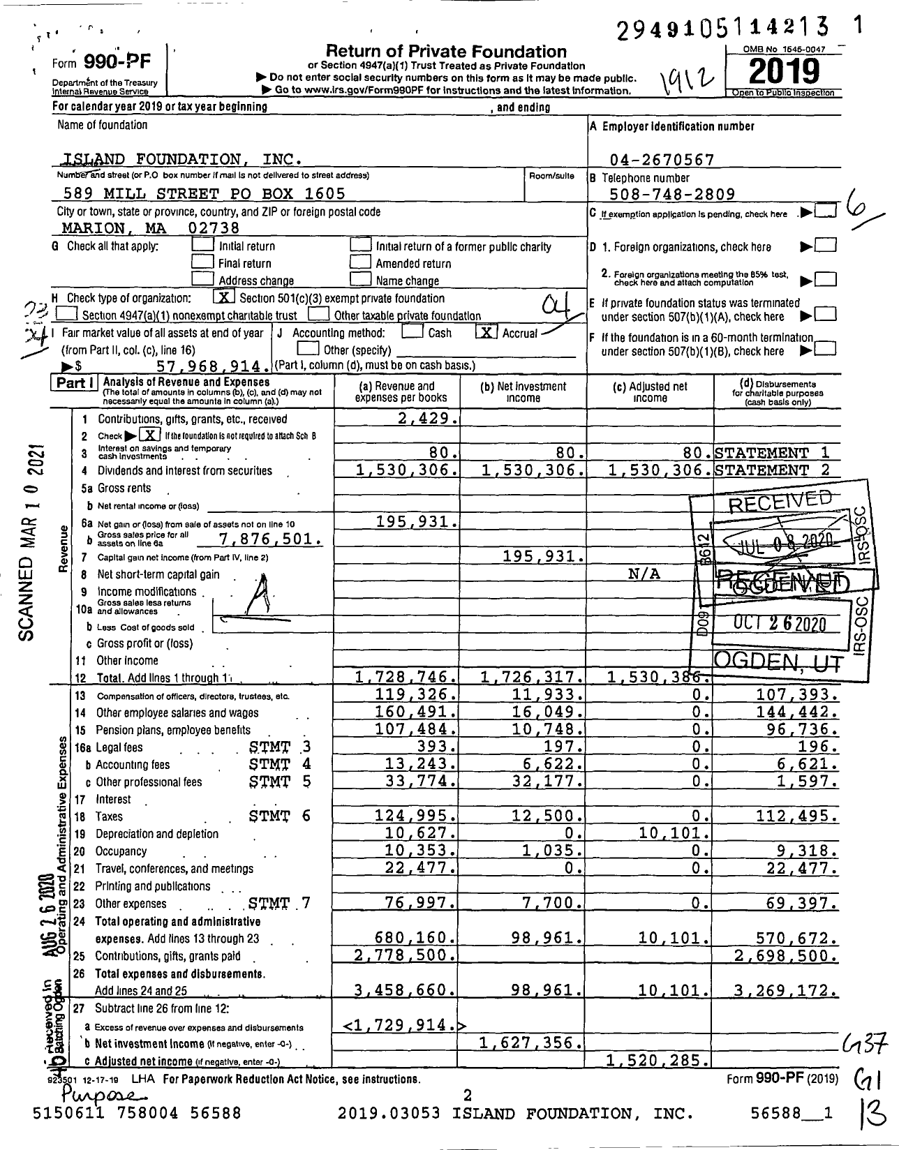 Image of first page of 2019 Form 990PF for Island Foundation