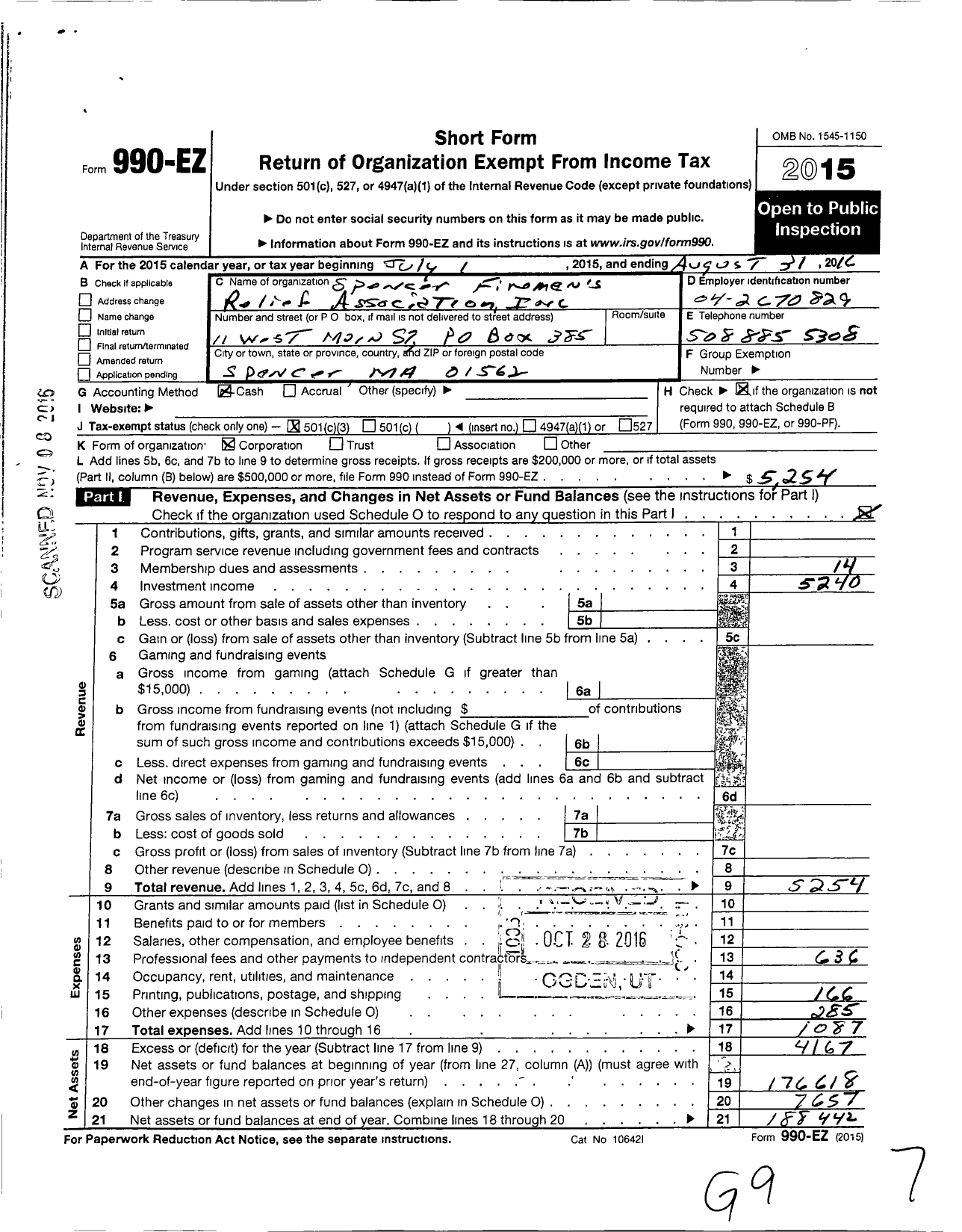 Image of first page of 2015 Form 990EZ for Spencer Firemens Reflief Association