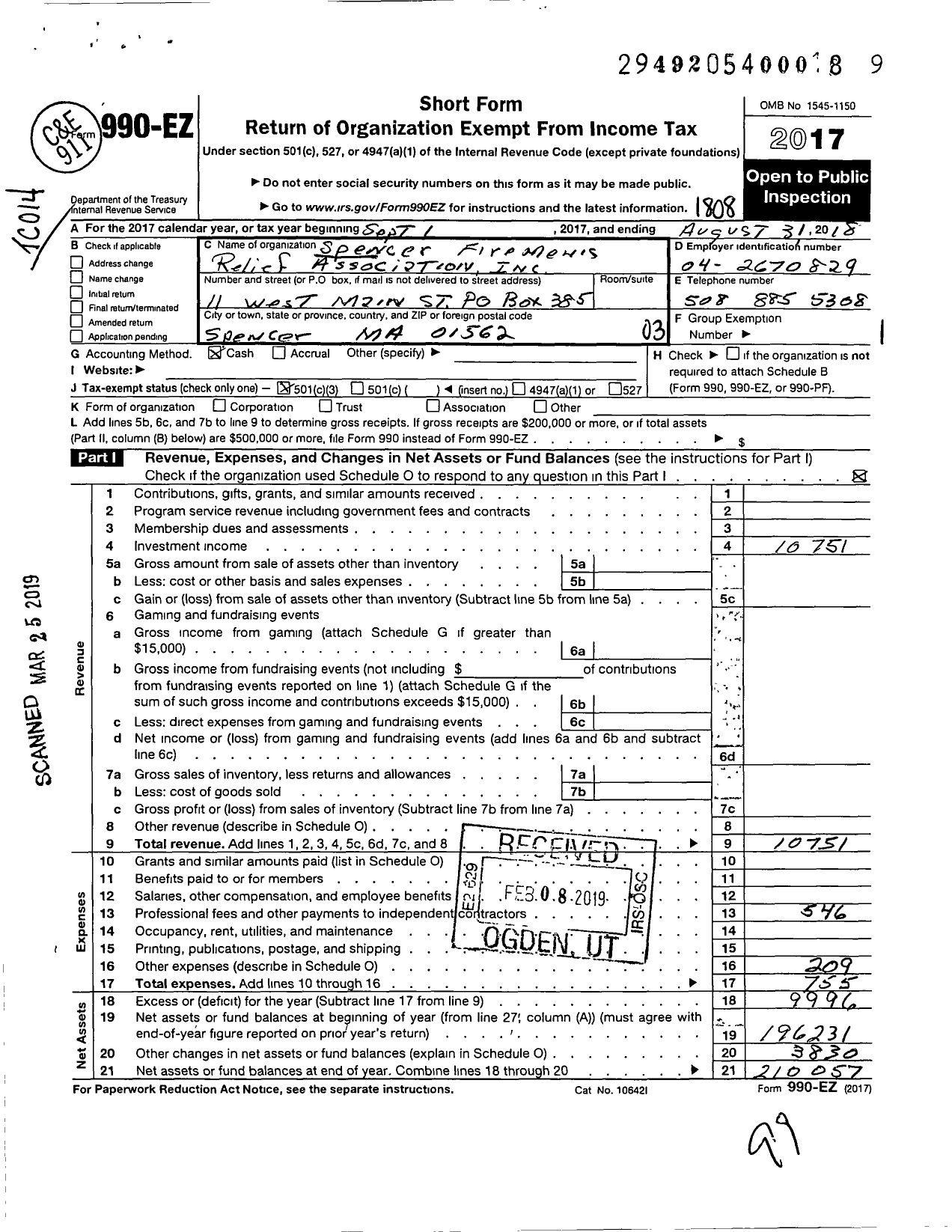 Image of first page of 2017 Form 990EZ for Spencer Firemens Reflief Association