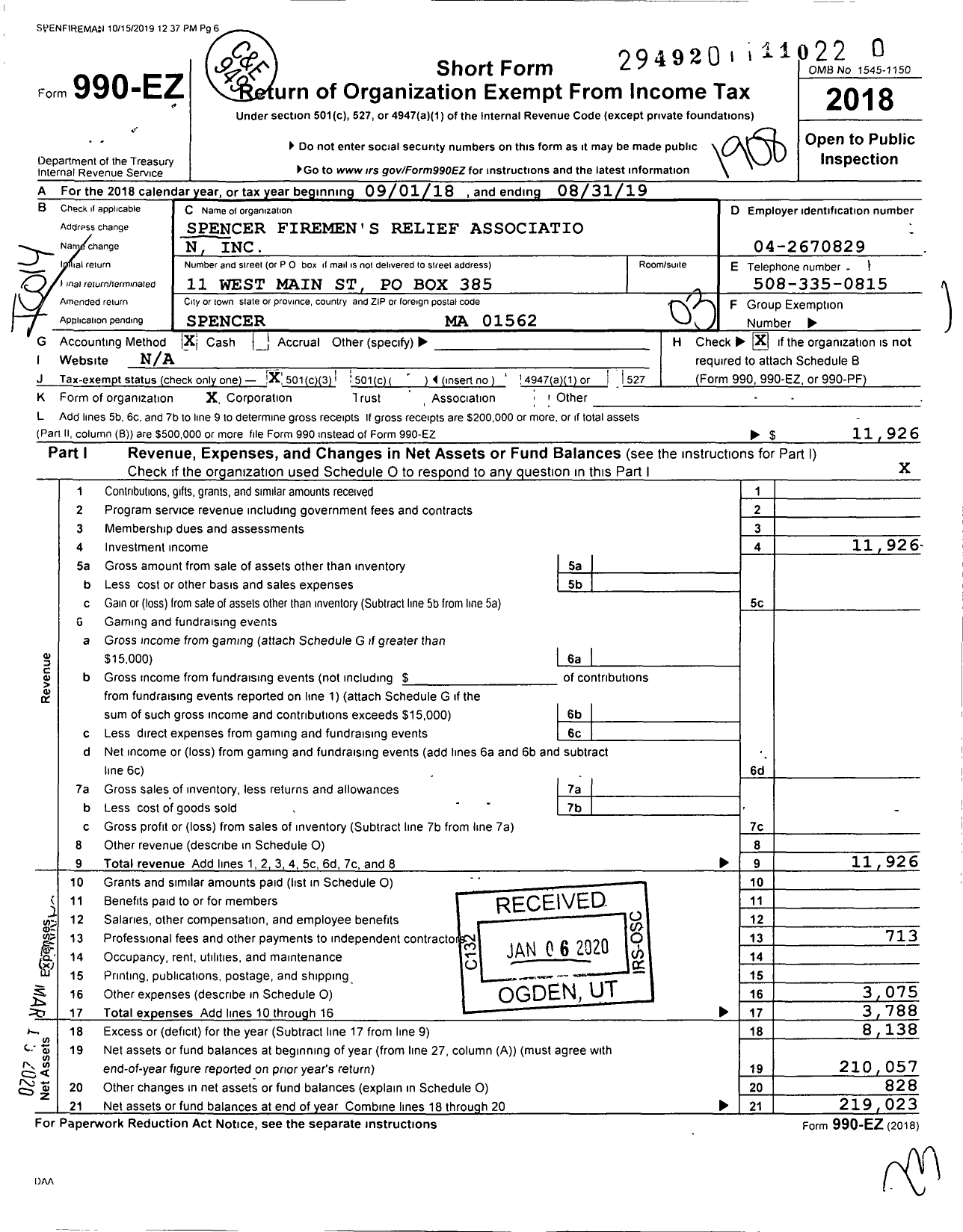 Image of first page of 2018 Form 990EZ for Spencer Firemens Reflief Association