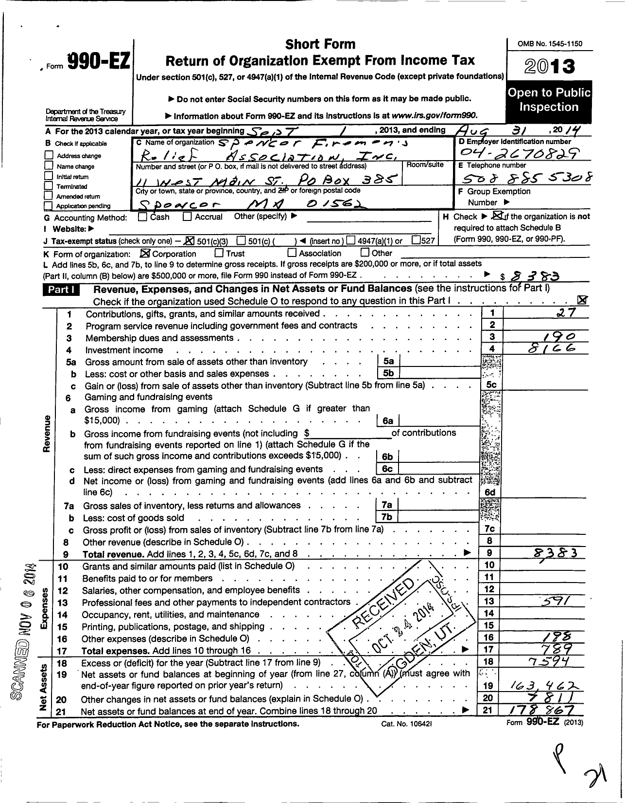 Image of first page of 2013 Form 990EZ for Spencer Firemens Reflief Association