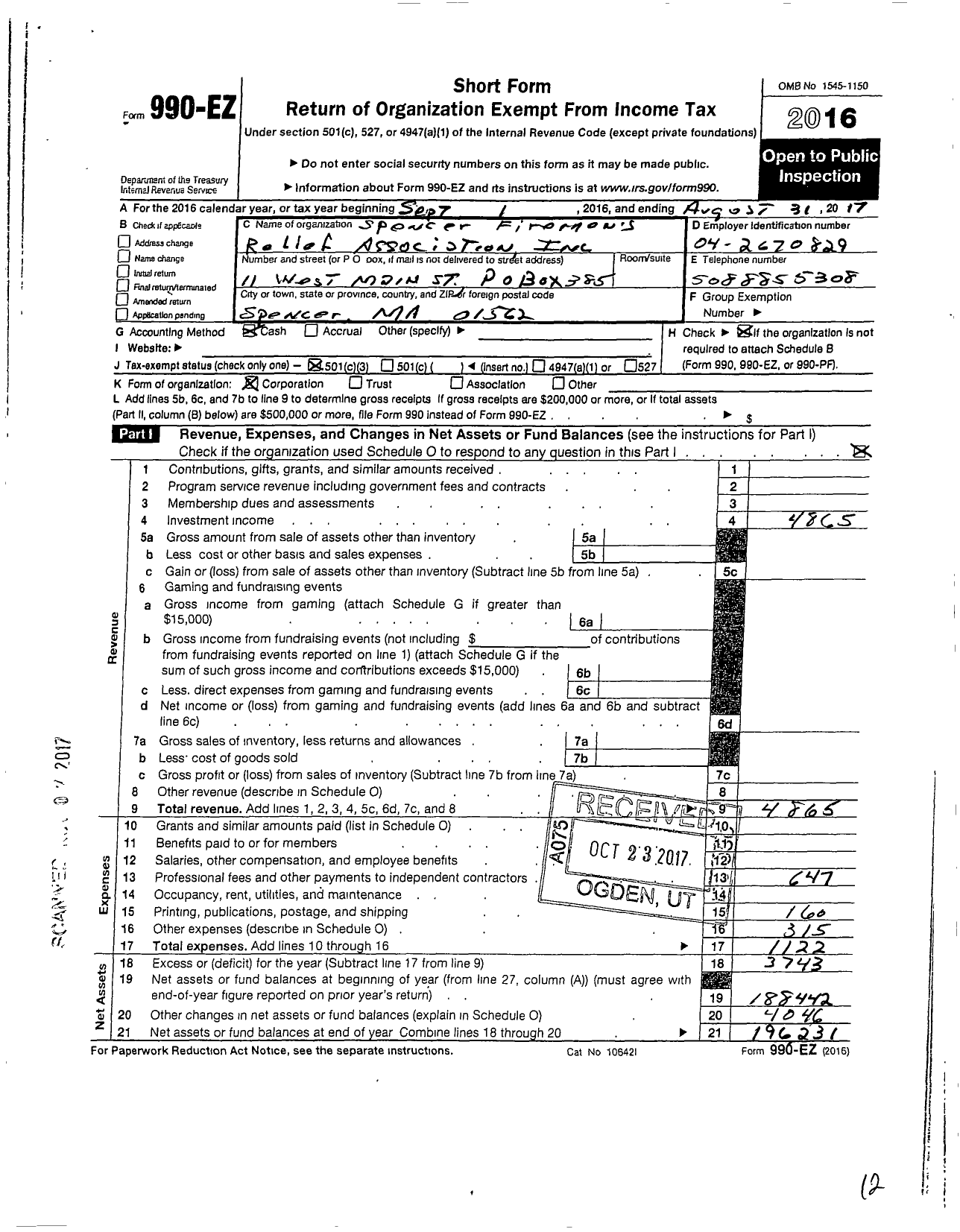 Image of first page of 2016 Form 990EZ for Spencer Firemens Reflief Association