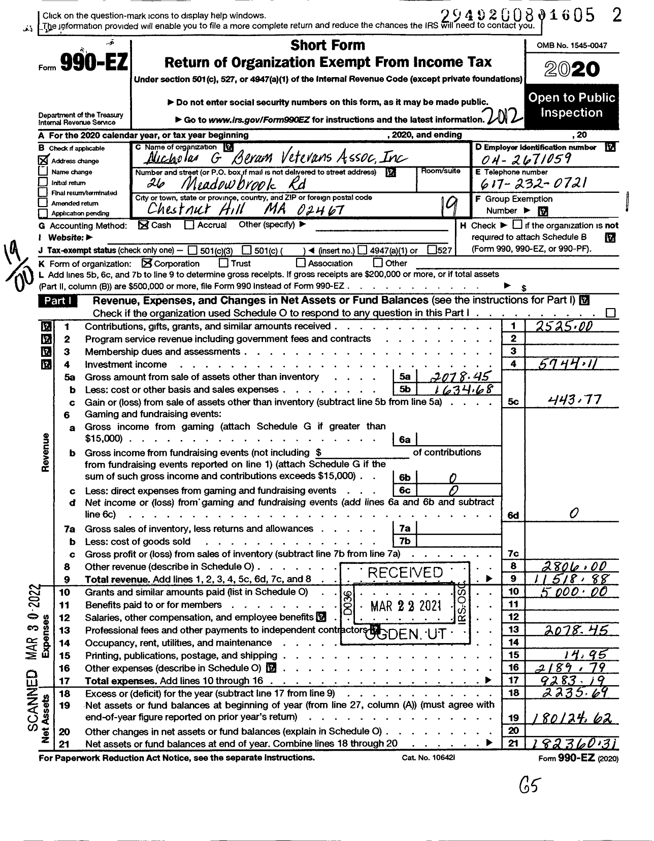 Image of first page of 2020 Form 990EO for Nicholas G Beram Veterans Association