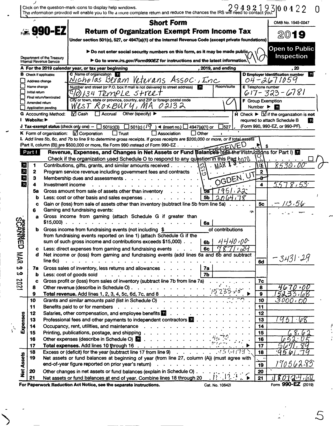 Image of first page of 2019 Form 990EO for Nicholas G Beram Veterans Association